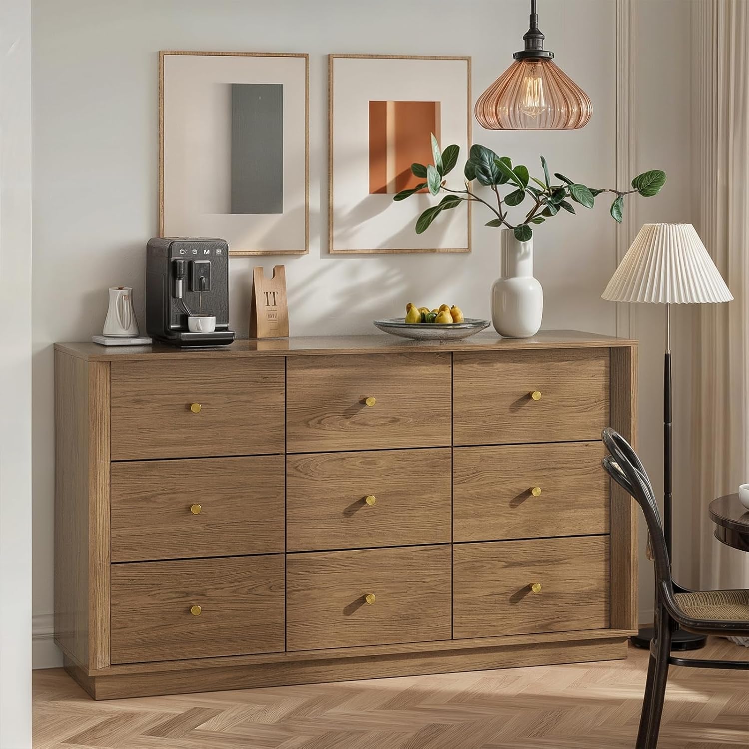 Mid Century Modern 9 Drawer Dresser - 55" Walnut Chest with Stylish Wood Grain Texture for Bedroom, Living Room & Hallway Storage