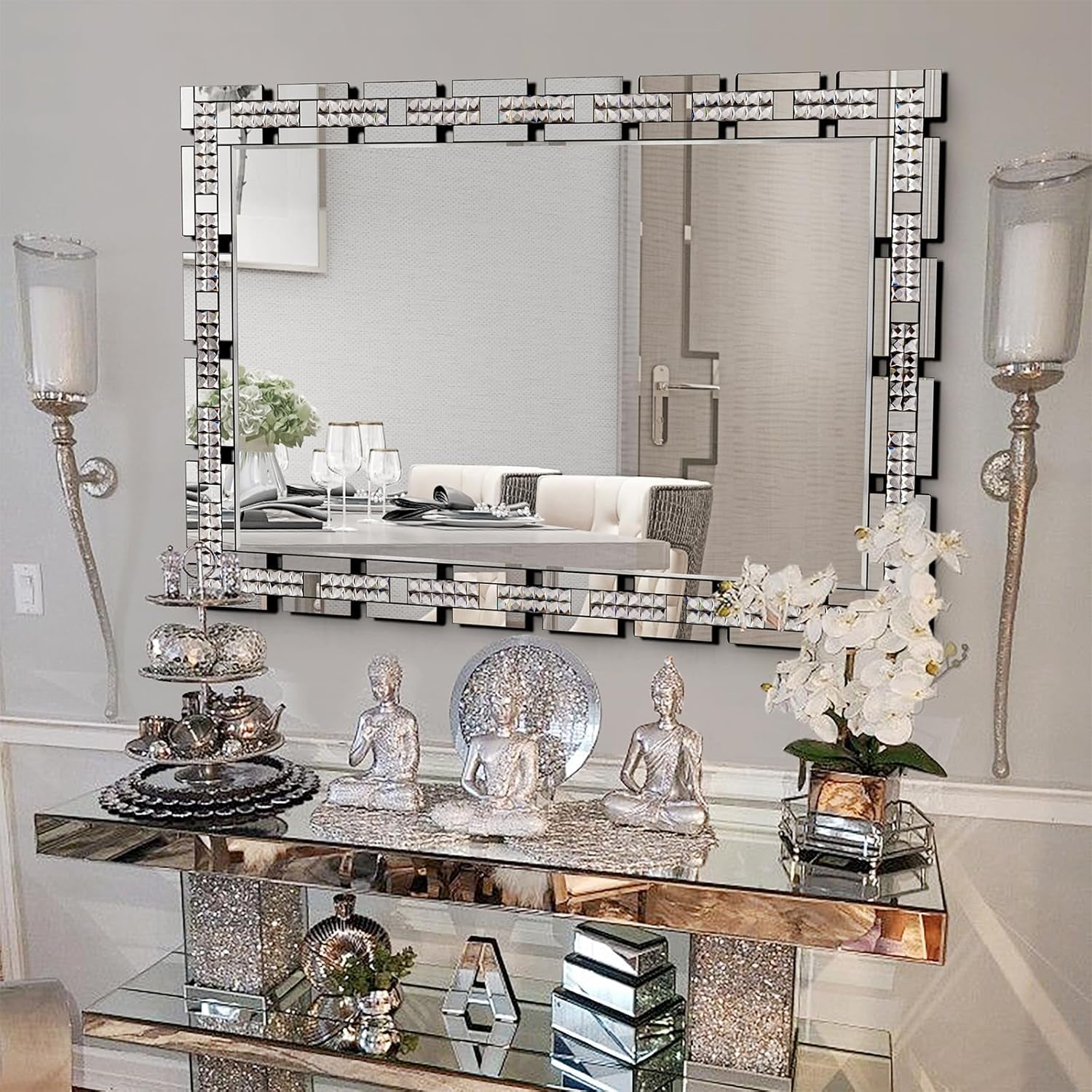 Stunning 32" X 47" Large Beveled Edge Wall Mirror with Crystal Frame - Modern Decorative Accent for Living Room, Home Office, and Entryway