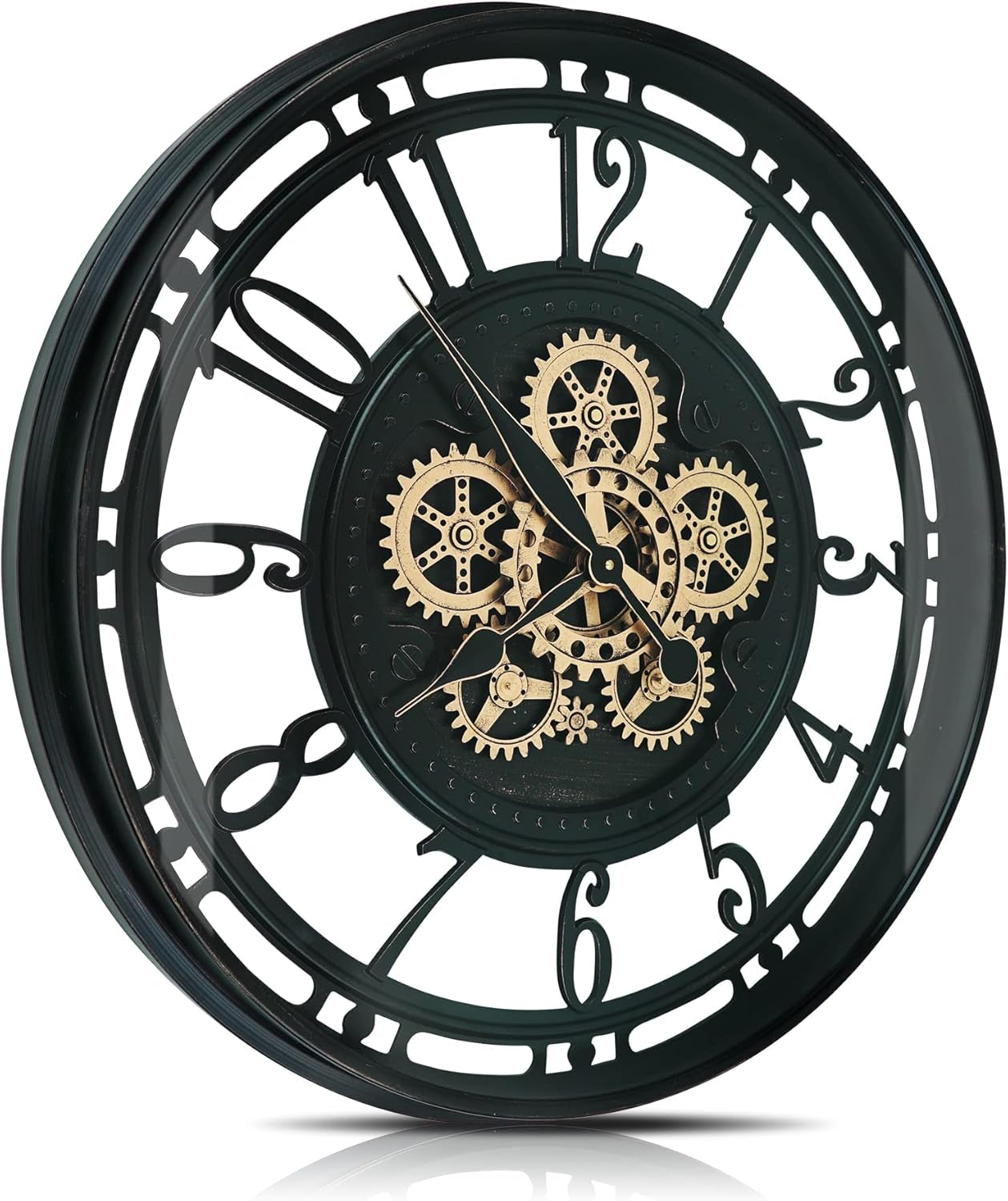 Large Industrial Steampunk Metal Wall Clock - 27.6 Inch Black Gold Rustic Decor for Living Room, Farmhouse & Office