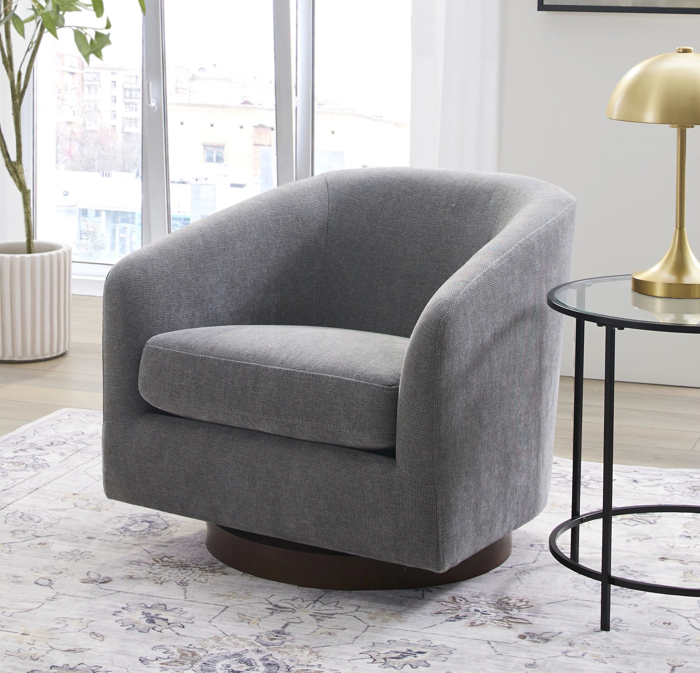 Stylish Gray Bradford Wooden Base Swivel Accent Chair for Modern Living Spaces