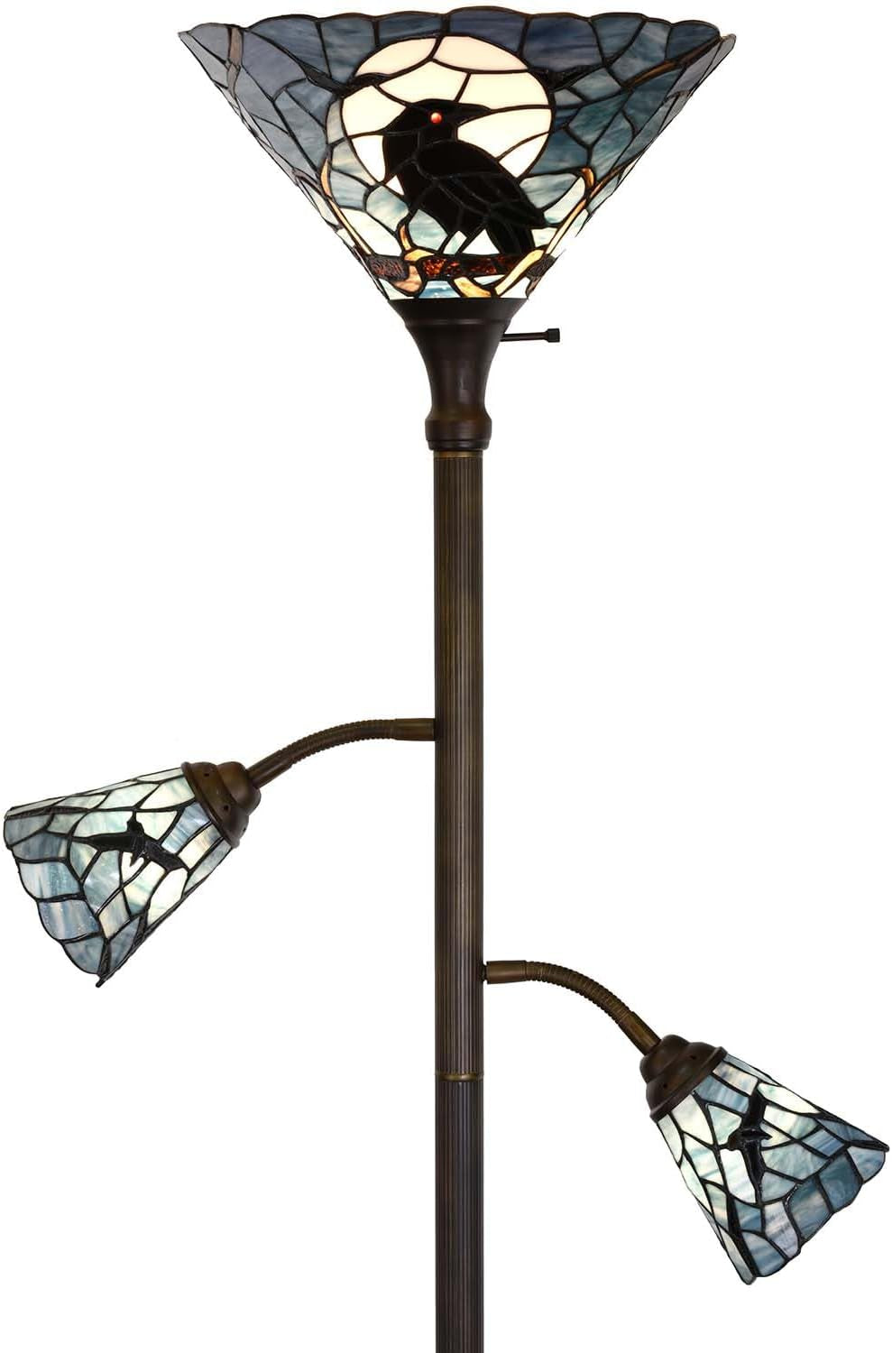 Raven Moonlit Tiffany Style Stained Glass Torchiere Floor Lamp - 70-Inch Dark Blue Reading Light with Sidelights