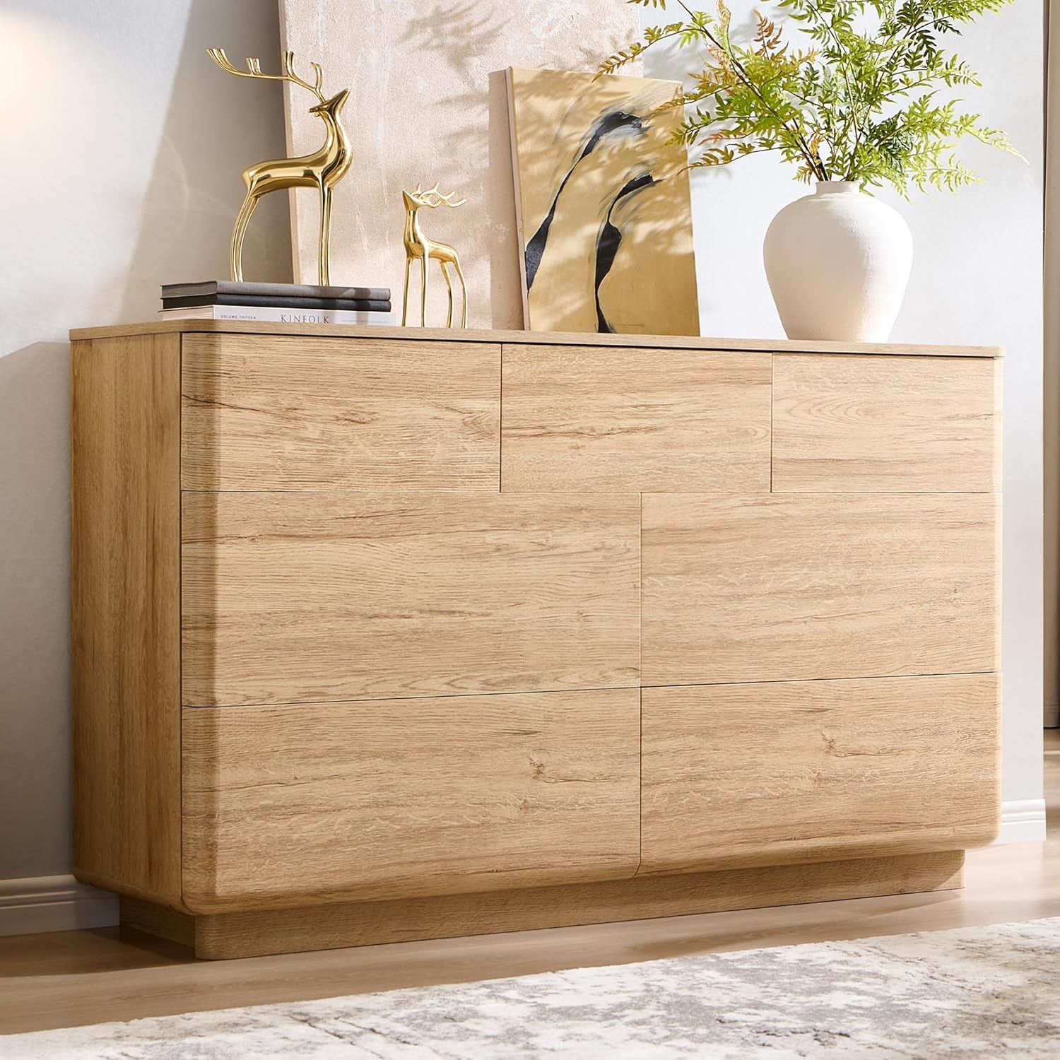 Stylish 7 Drawer Modern Dresser - Push-To-Open Chest with Sleek Handleless Design, 52" Wide Storage Solution for Bedroom or Living Room in Natural Oak