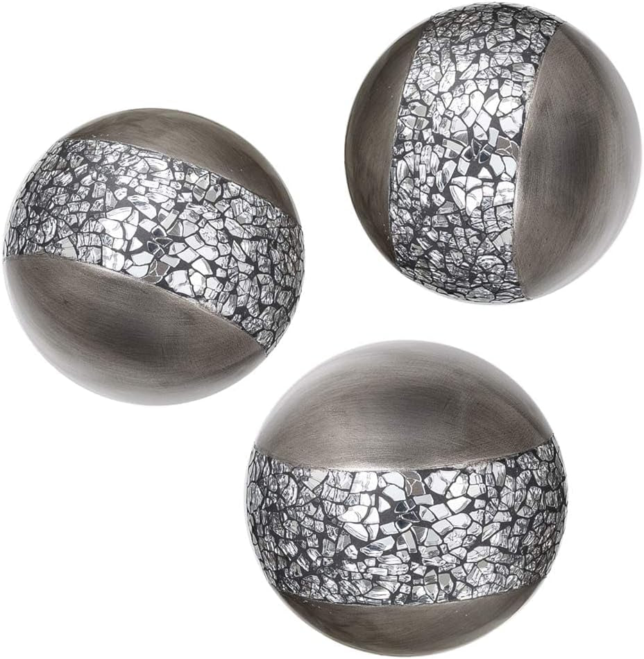 Schonwerk Silver Decorative Centerpiece Bowl with Three Matching Orbs - Elegant Coffee Table Décor with Resin Spheres for Living and Dining Rooms