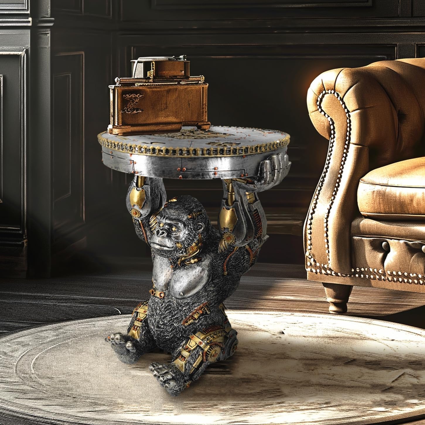 Steampunk Gorilla Side Table: Hand-Painted Resin Cyborg Monkey Sculpture with Gear Accents for Home and Man Cave Decor - Silver Finish