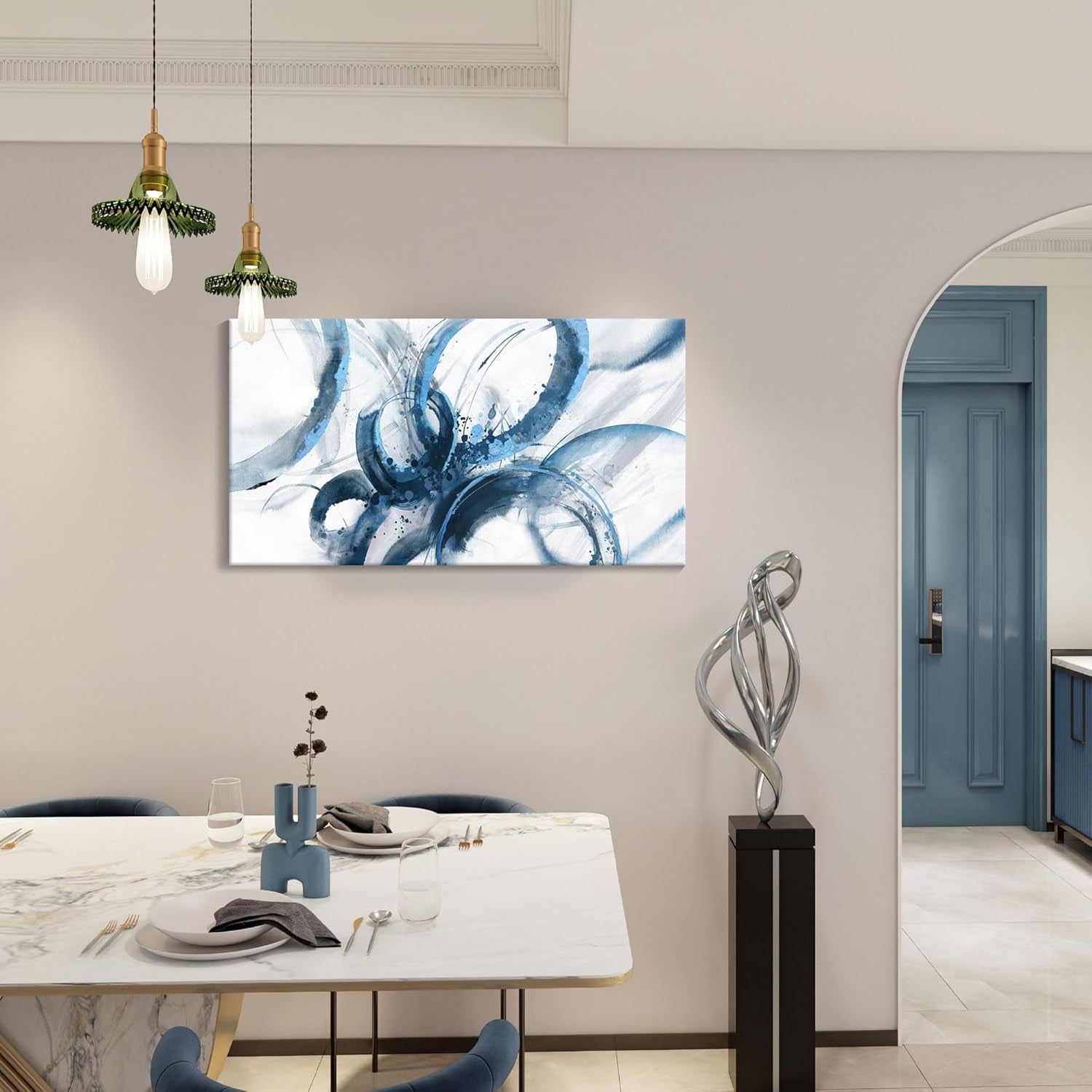 Abstract Blue Wall Art - Framed Canvas Decor for Living Room and Office, Minimalist Paintings, 20x40 Inches
