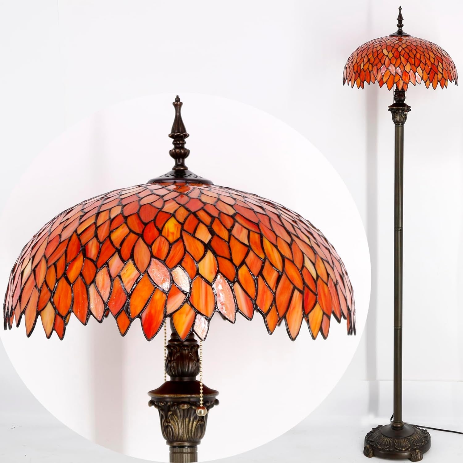 Elegant Tiffany Floor Lamp with Red Orange Wisteria Stained Glass - Antique Style Standing Light for Bedroom, Living Room, and Home Office - 64 Inches Tall