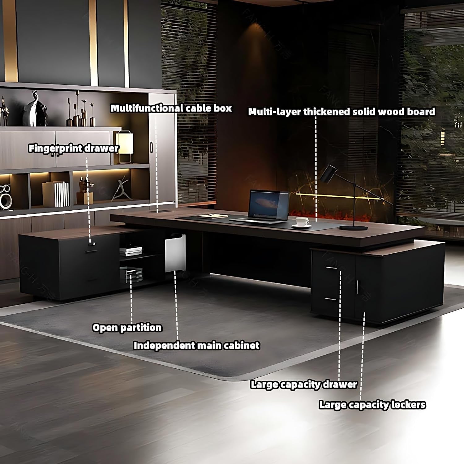 L-Shaped Executive Gaming Desk with Cable Management & Headphone Hook - Ergonomic Design for Streaming & Multi-Screen Setup (Black, 141.7")