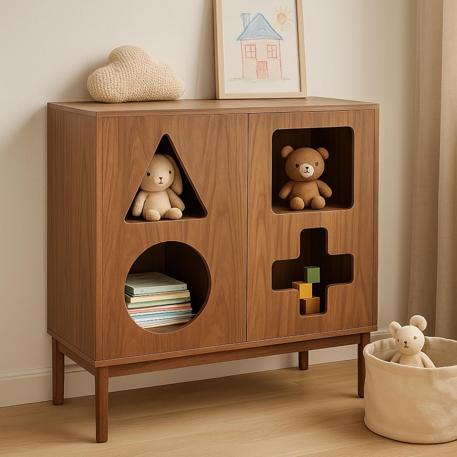 Elevate Your Space: 37'' Modern Walnut Display Cabinet with Geometric Cut-Out Doors - Perfect for Collectibles in Dining Room, Living Room, or Entryway