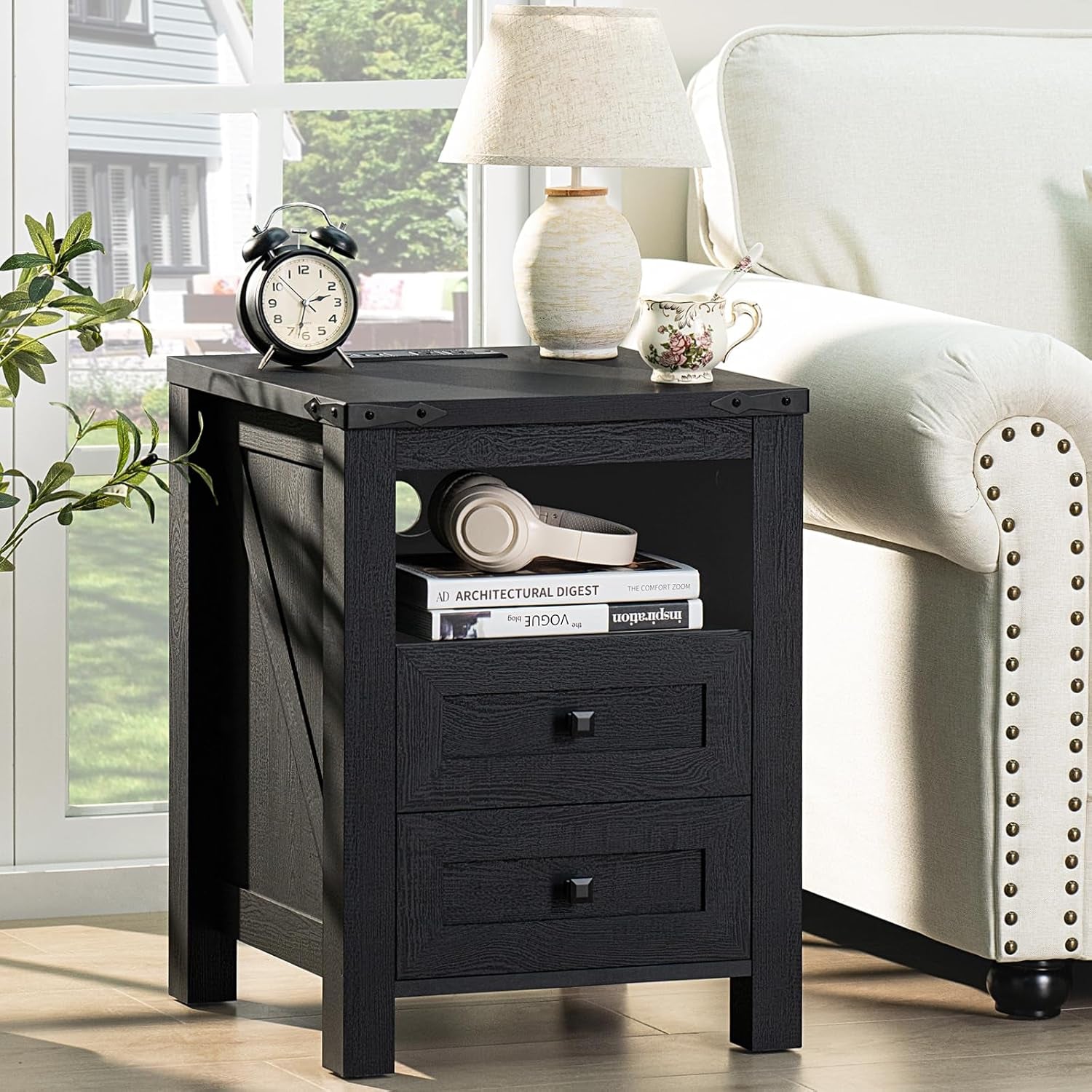 Chic Farmhouse Bedroom & Living Room Furniture Set: 58” Dresser with 6 Drawers & Set of 2 Night Stands with Charging Stations