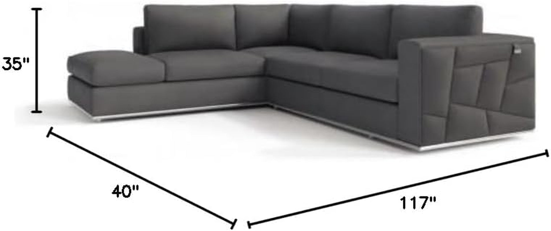 Luxurious Surton Dark Gray Top Grain Italian Leather L-Shaped Sectional Sofa for Modern Living Room & Home Office - 117" Width, Left Arm Facing