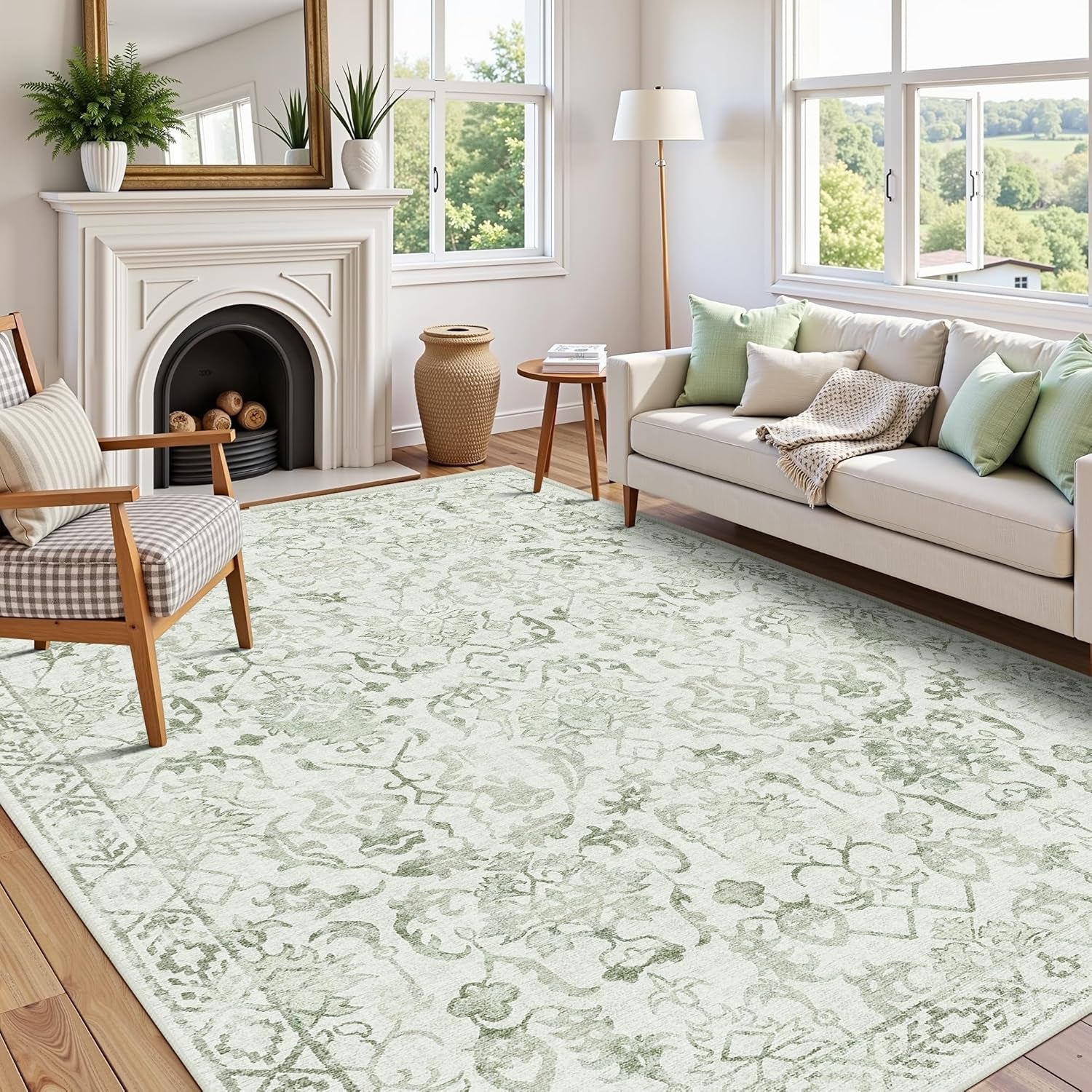 Elegant Sage Green 9x12 Washable Area Rug - Soft, Anti-Slip Low-Pile Design for Living Room, Dining Room & Bedroom - Perfect Farmhouse Home Decor Accent