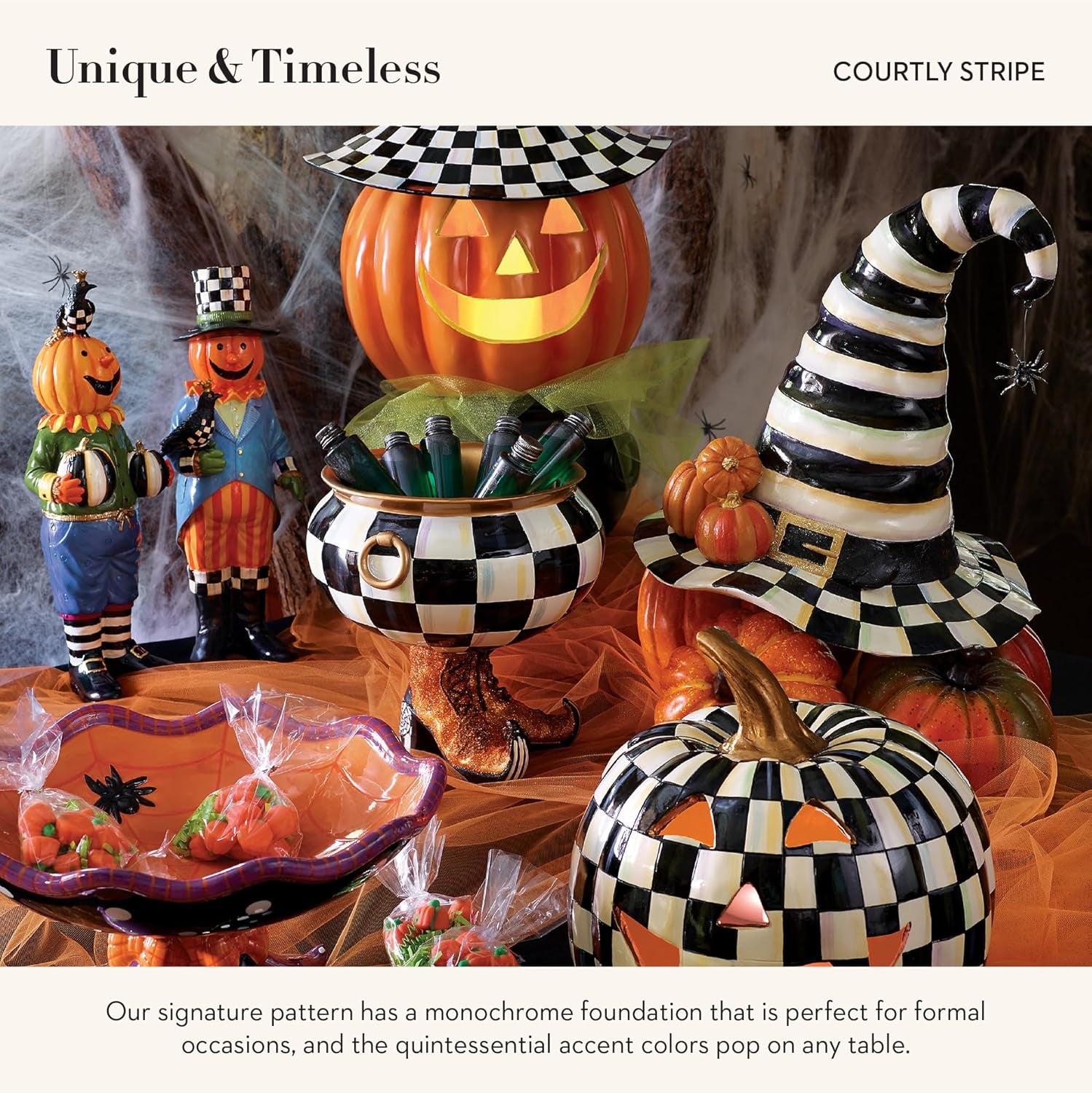 Courtly Stripe Witch Hat - Black and White Halloween Decor for Home