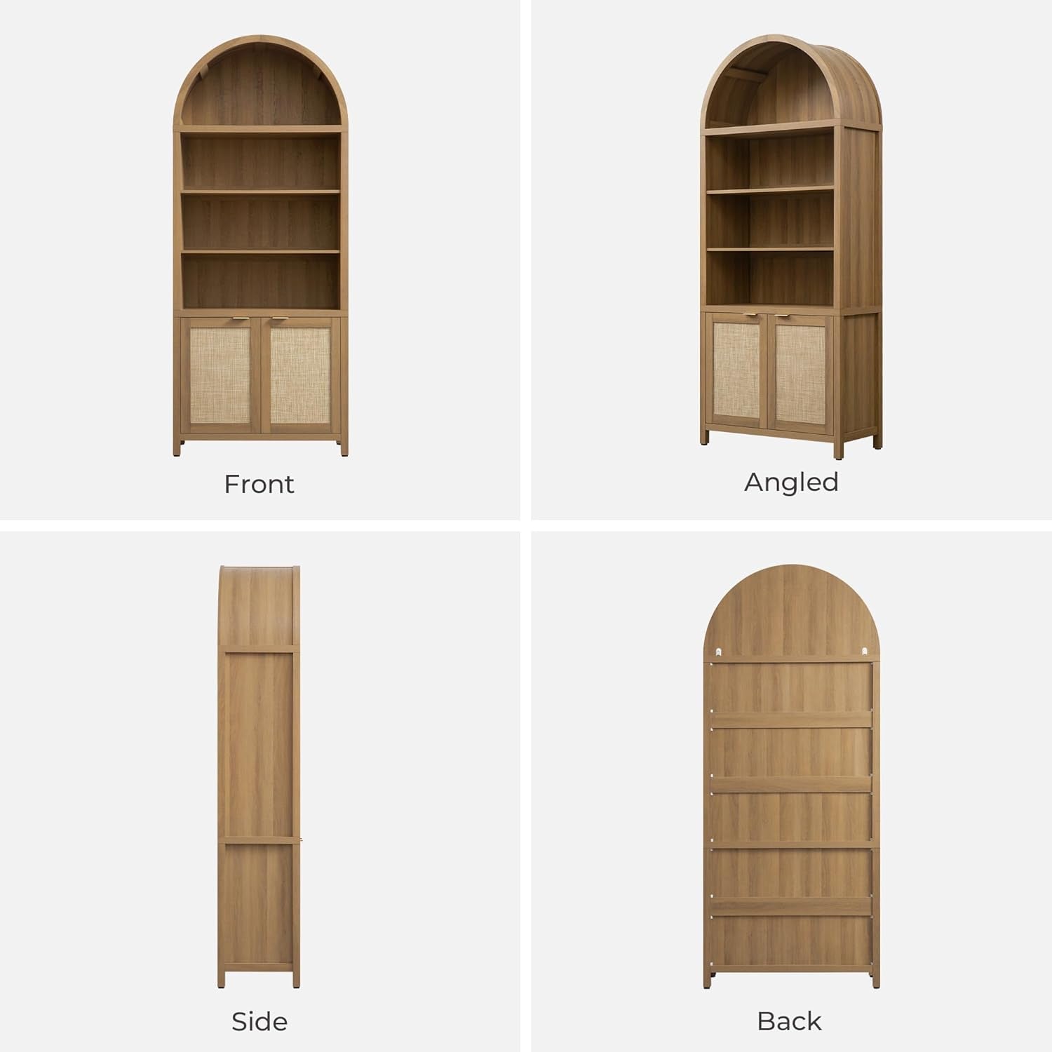 Arched 84.2" Tall 5-Tier Bookshelf Cabinet with Doors - Boho Rattan Wide Bookcase for Living Room, Office & Bedroom Storage