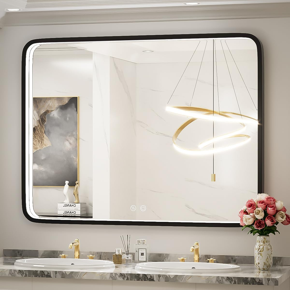 40x30 Inch Black LED Vanity Mirror with Metal Frame, Anti-Fog, Dimmable Touch Control, Wall-Mounted for Horizontal/Vertical Display, Ideal for Bathroom Decor