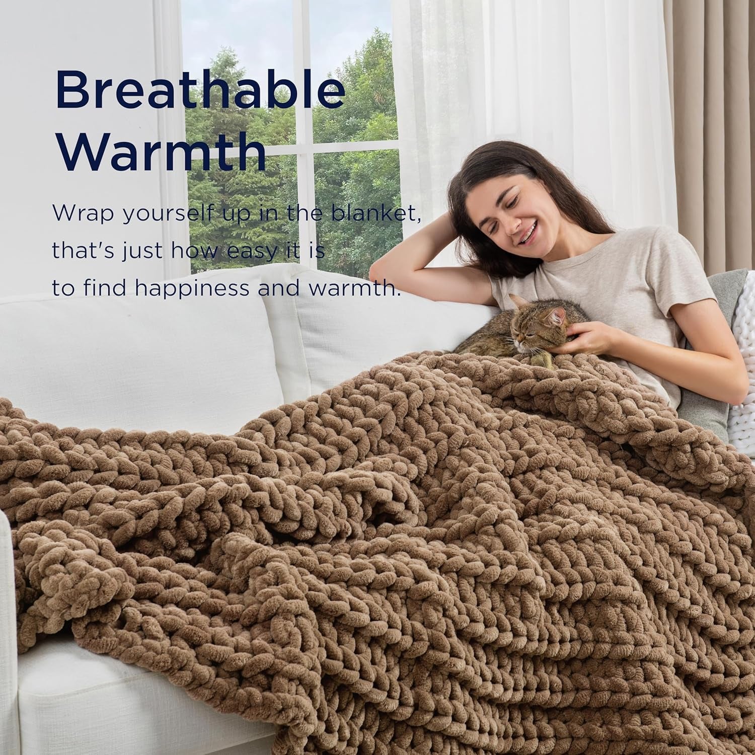 Handcrafted 15 lb Soft Knitted Weighted Blanket, 48" x 72" Breathable Chunky Knit Gravity Blanket, Ideal Home Decor for Sofa, Couch, and Bed, Brown