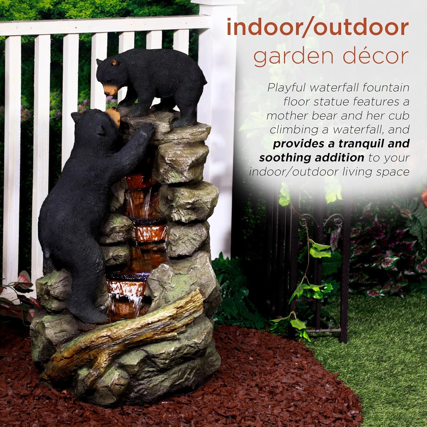 36" Indoor/Outdoor 2 Bears Climbing Water Fountain with LED Lights – Charming Cascading Wildlife Decor for Garden, Patio, and Home
