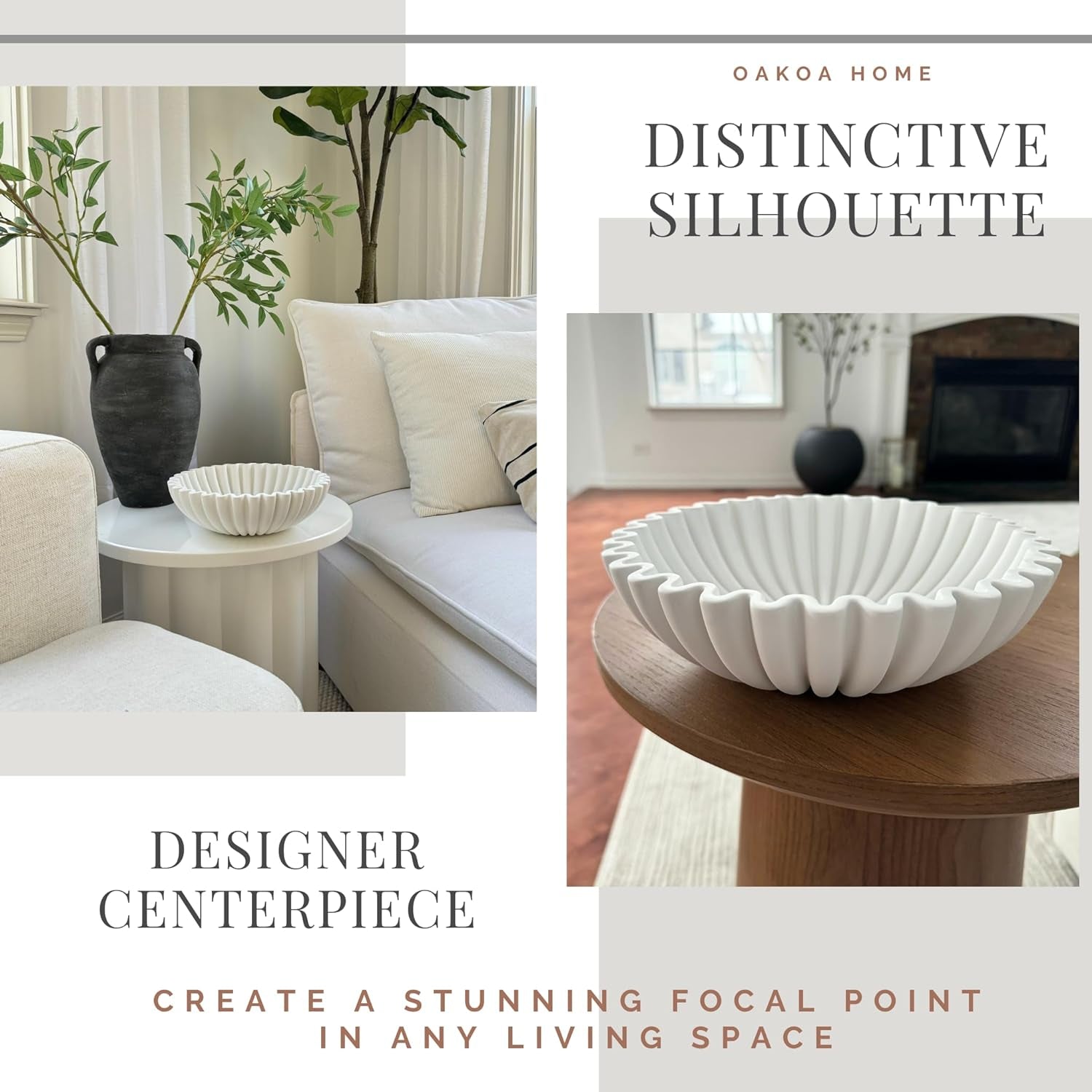 Elegant White Scalloped Concrete Bowl - Large Decorative Centerpiece for Home & Coffee Table Decor