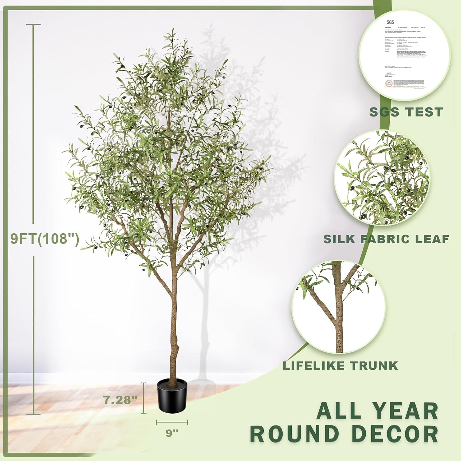 Stunning 9 Feet Artificial Olive Tree - Lifelike Faux Olive Tree with Natural Wood Trunk & Realistic Fruits for Elegant Home Decor