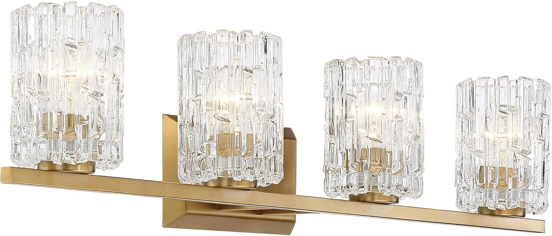 Modern Warm Brass 4-Light Wall Sconce with Textured Ice Glass Shade - 36" Bathroom Vanity & Hallway Decor