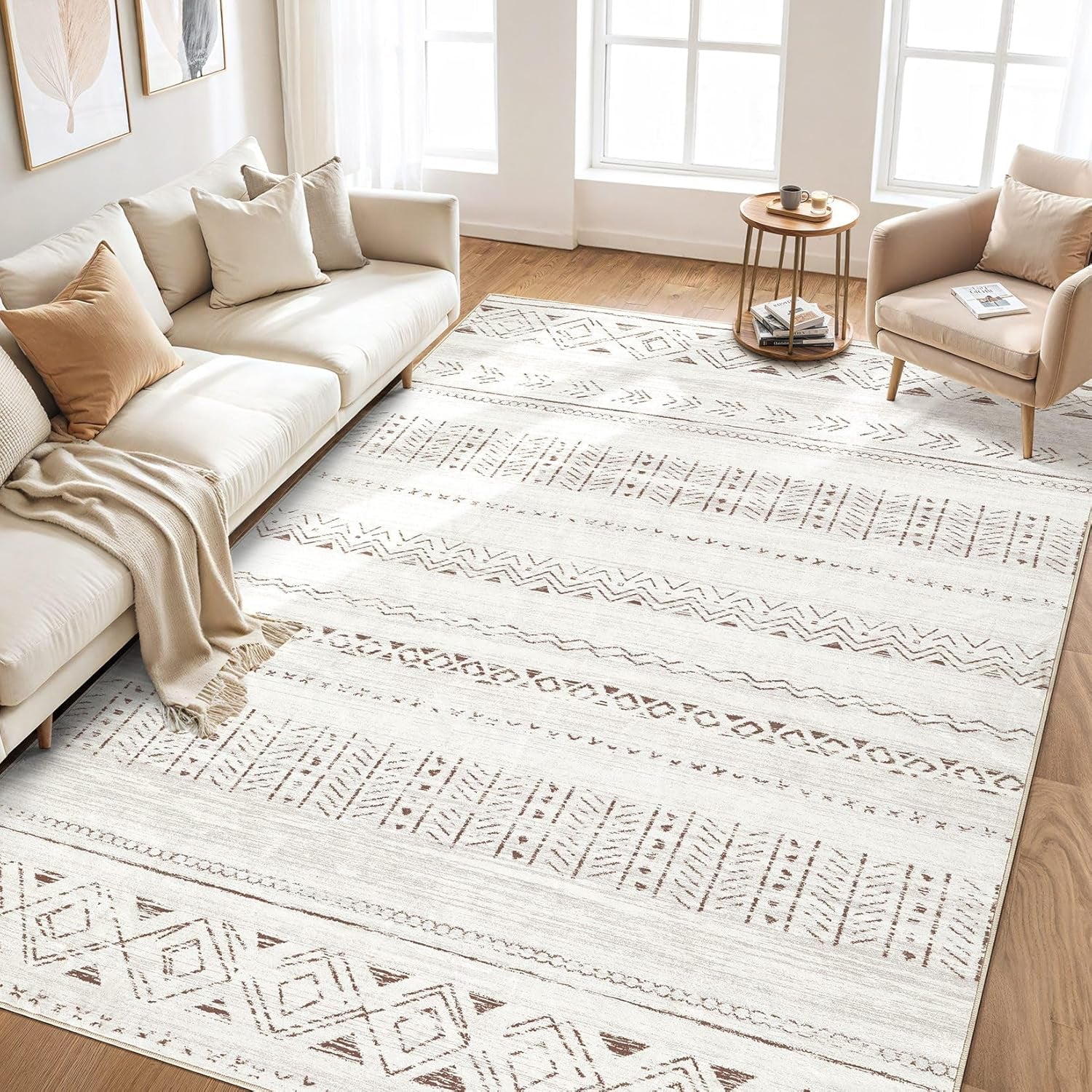 Luxurious 10x12 Living Room Area Rug - Soft, Washable Boho Moroccan Farmhouse Design - Non-Slip Light Brown Indoor Carpet for Bedroom & Home Office Decor