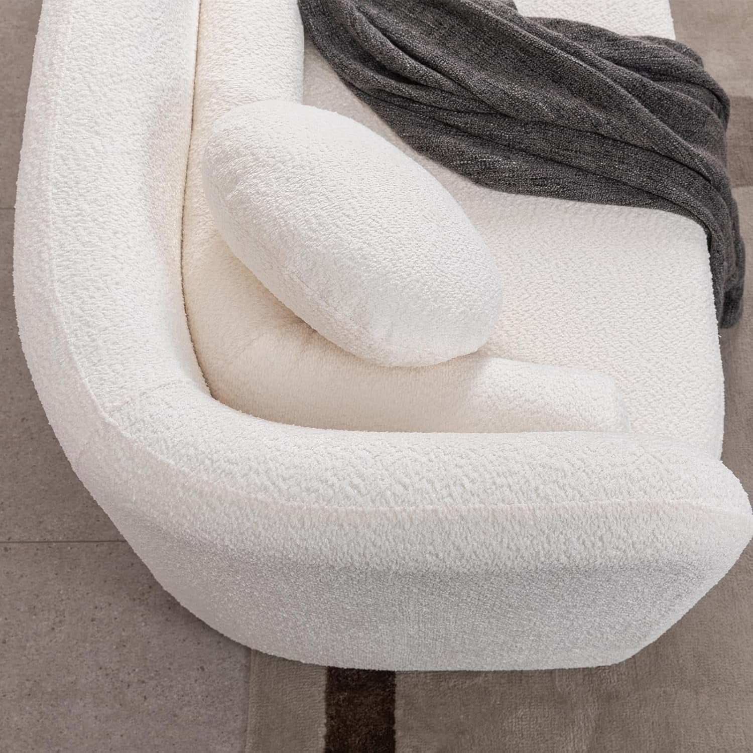 Modern White Rectangular Cloud Couch - Curved Back 3-Seater Sofa with Boucle Fabric, Solid Wood Frame & 2 Pillows - Perfect for Minimalist Living Rooms
