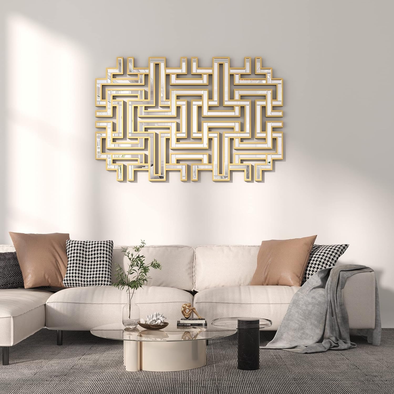 Stunning 46.5"X30" Large Gold Geometric Maze Wall Mirror - Perfect Decorative Accent for Living Room, Entryway, and Hallway