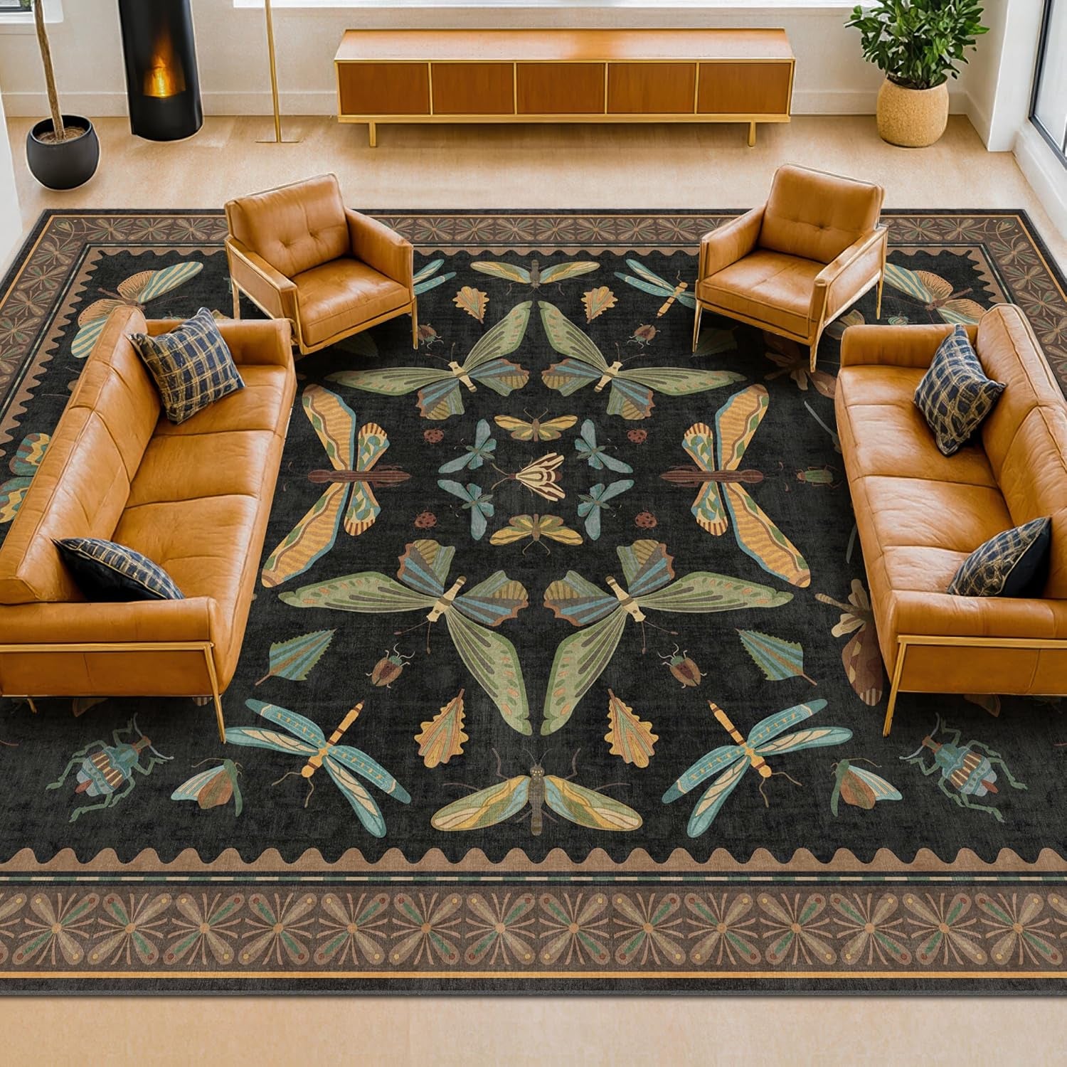 Luxurious Large Black Area Rug - Soft & Stain Resistant 9x12 for Living & Dining Rooms, Unique Insect Bug Home Décor, Perfect Under Bed Addition
