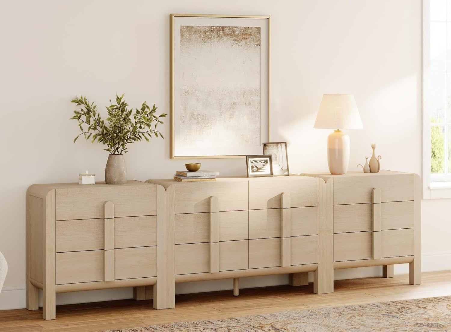 Elegant 3-Piece Mid Century Modern Bedroom Dresser Set - 110.2" Wide Chest of Drawers with Curved Handles, 12 Drawer Organizer, Light Oak Finish