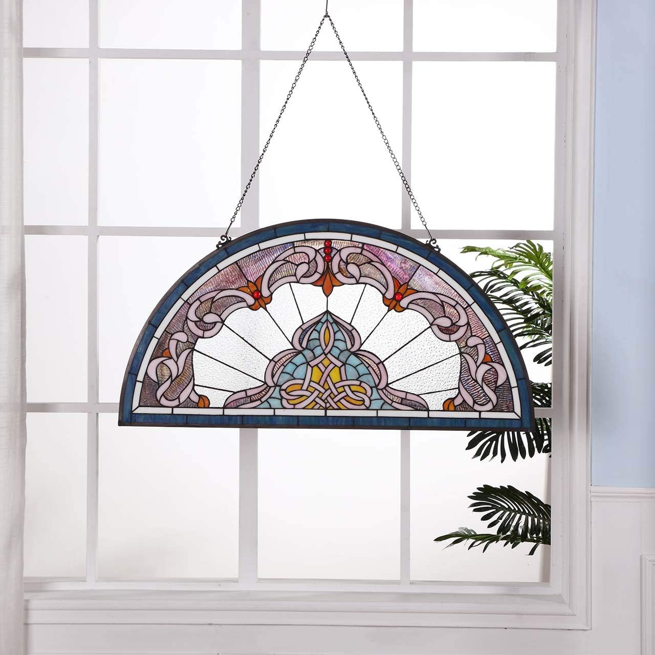 Lady Astor Demi-Lune Half-Round Stained Glass Window Panel for Home Décor, 36" W x 18" H, Tiffany Style, W10035