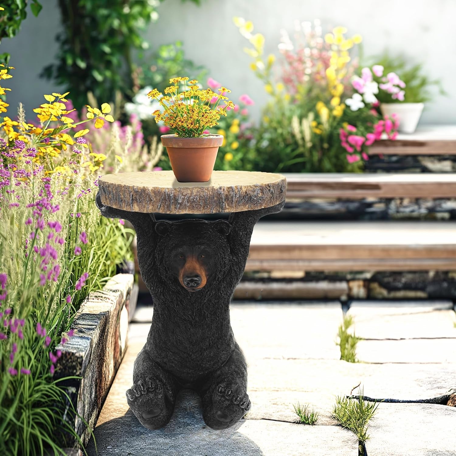 American Black Bear Decorative Side Table - Hand-Painted Resin Pedestal Stool for Home and Office Decor