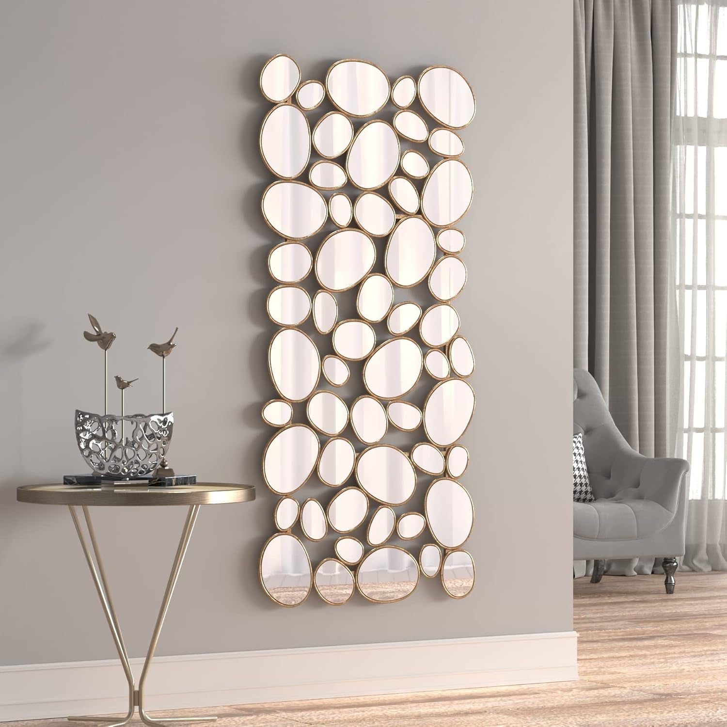 Large Decorative Gold Wall Mirror - 23x51 Inch Metal Framed Accent Mirror with 55-Piece Pebble Design for Modern Living Room and Entryway Decor
