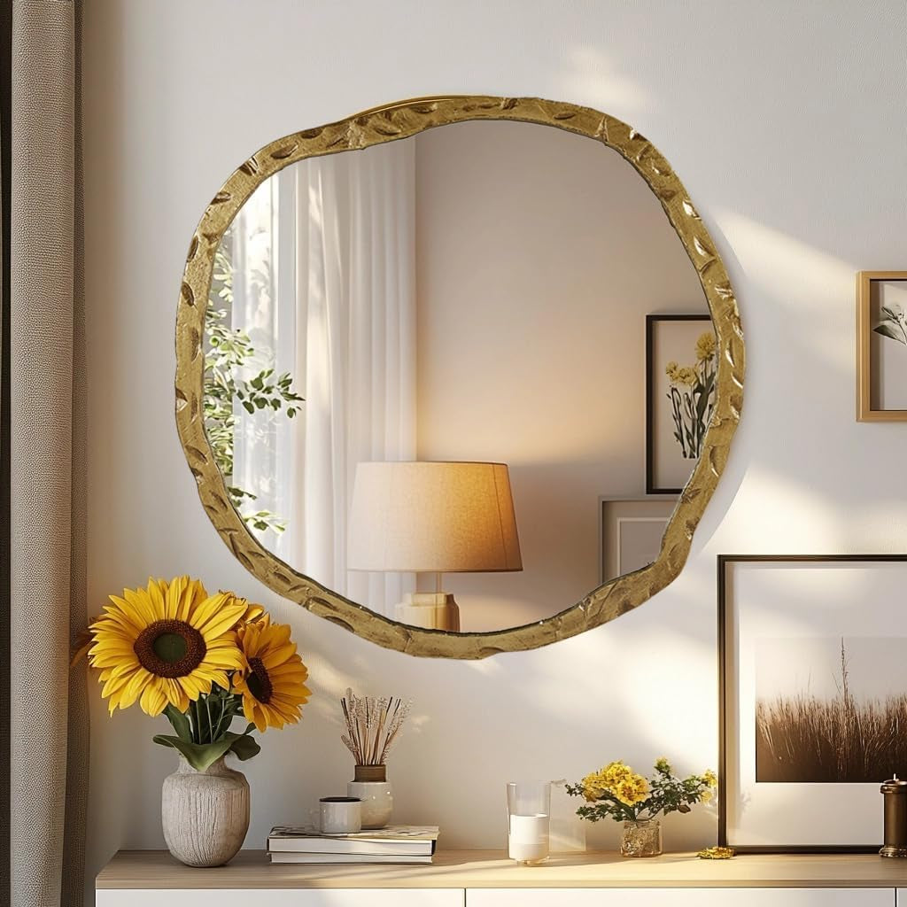 Stunning Asymmetrical Brass Wall Mirror - 40x38 Inch Hand Forged Metal Frame for Elegant Home Decor