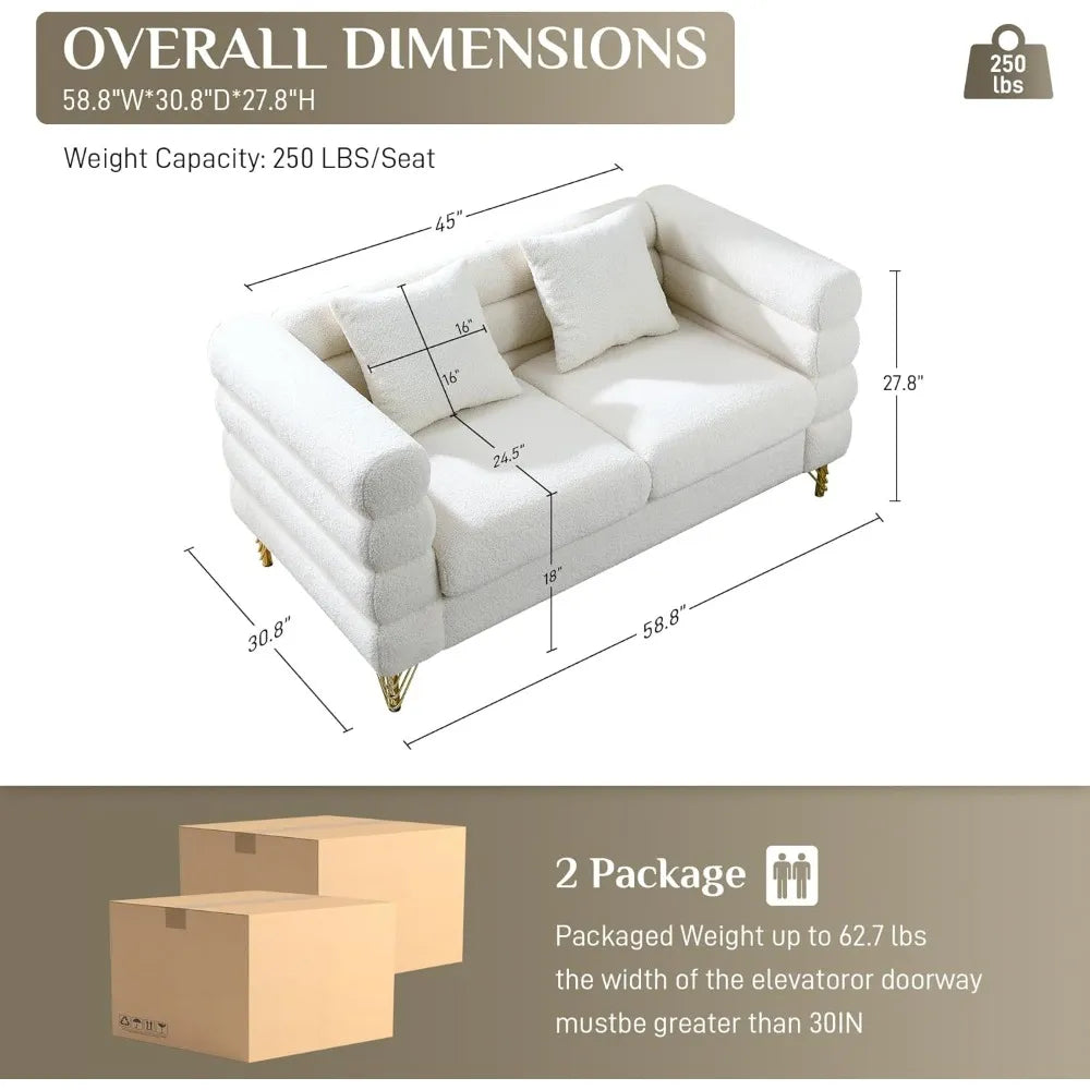 Modern Overstuffed Cloud Couch Loveseat Sofa with Pillows - Comfy 59" Deep Seat Boucle Sherpa Design for Your Living Room