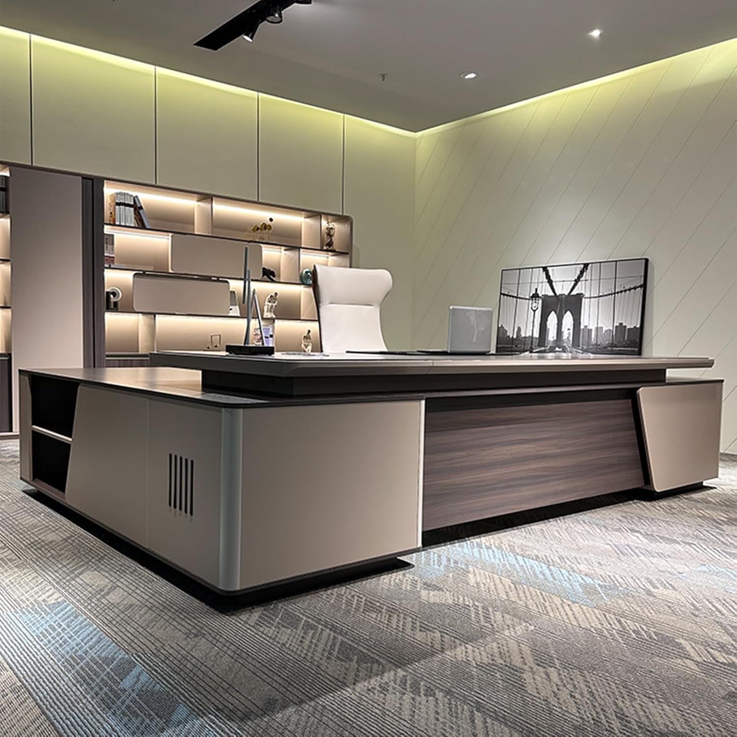 Modern 94-Inch L-Shaped Executive Office Desk with Storage Cabinet - Stylish & Functional Workstation for Home Office