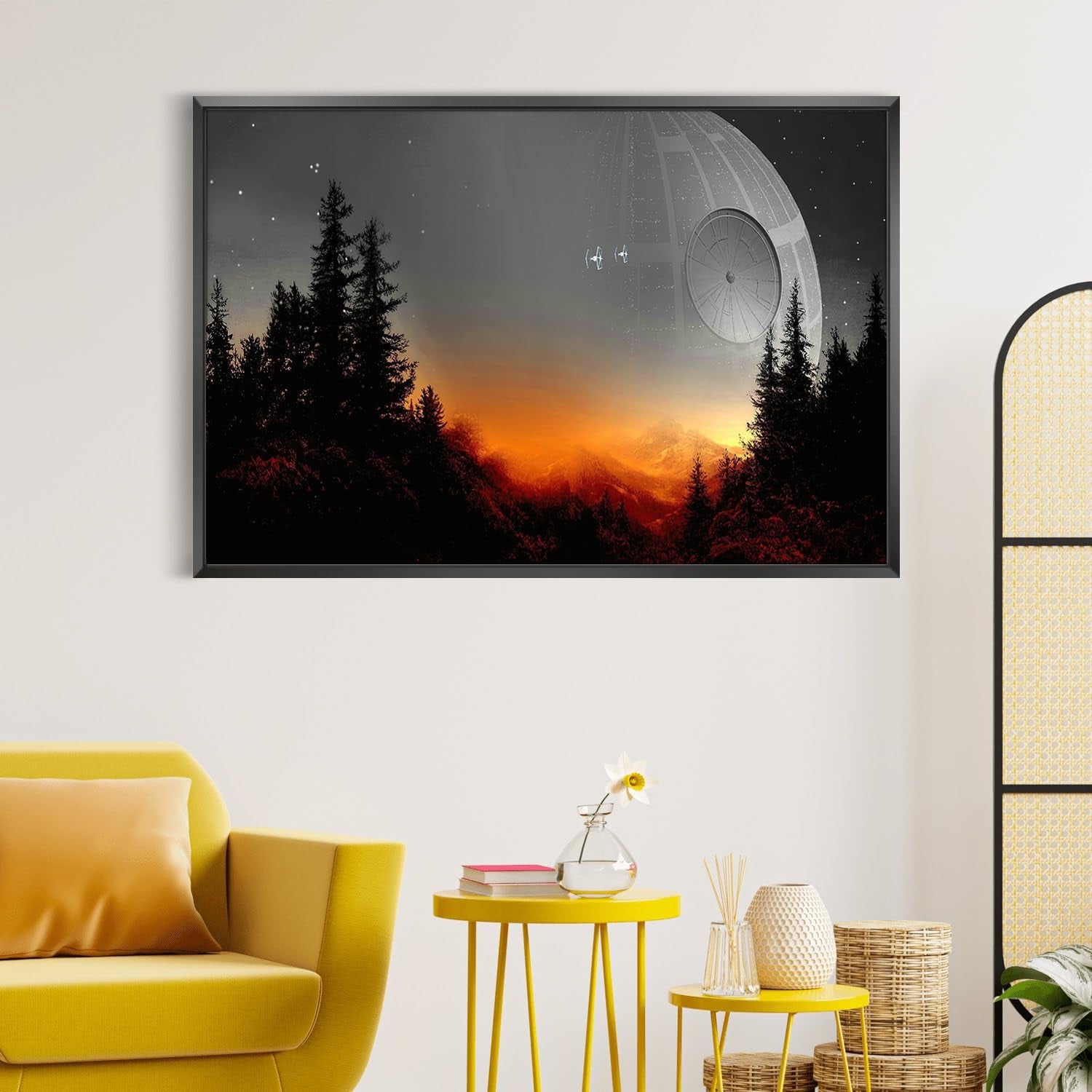 Death Star-Inspired Canvas Print Wall Art | Futuristic Space Station Artwork | Sleek Home Decor with Smooth Surface – Available in Various Sizes (45" x 30" Modern Black Framed)