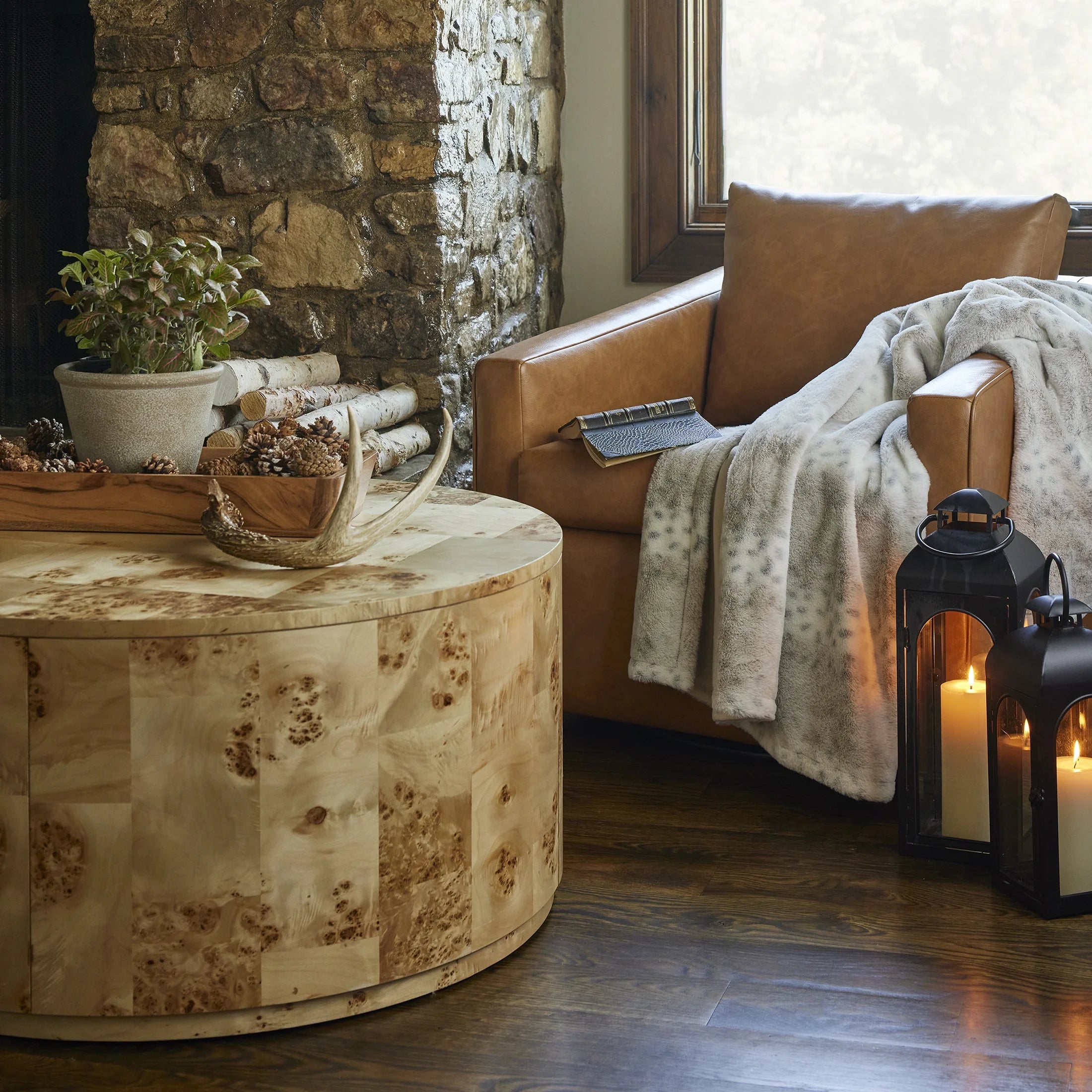 Elegant Burlwood Round Coffee Table with Light Veneer Finish