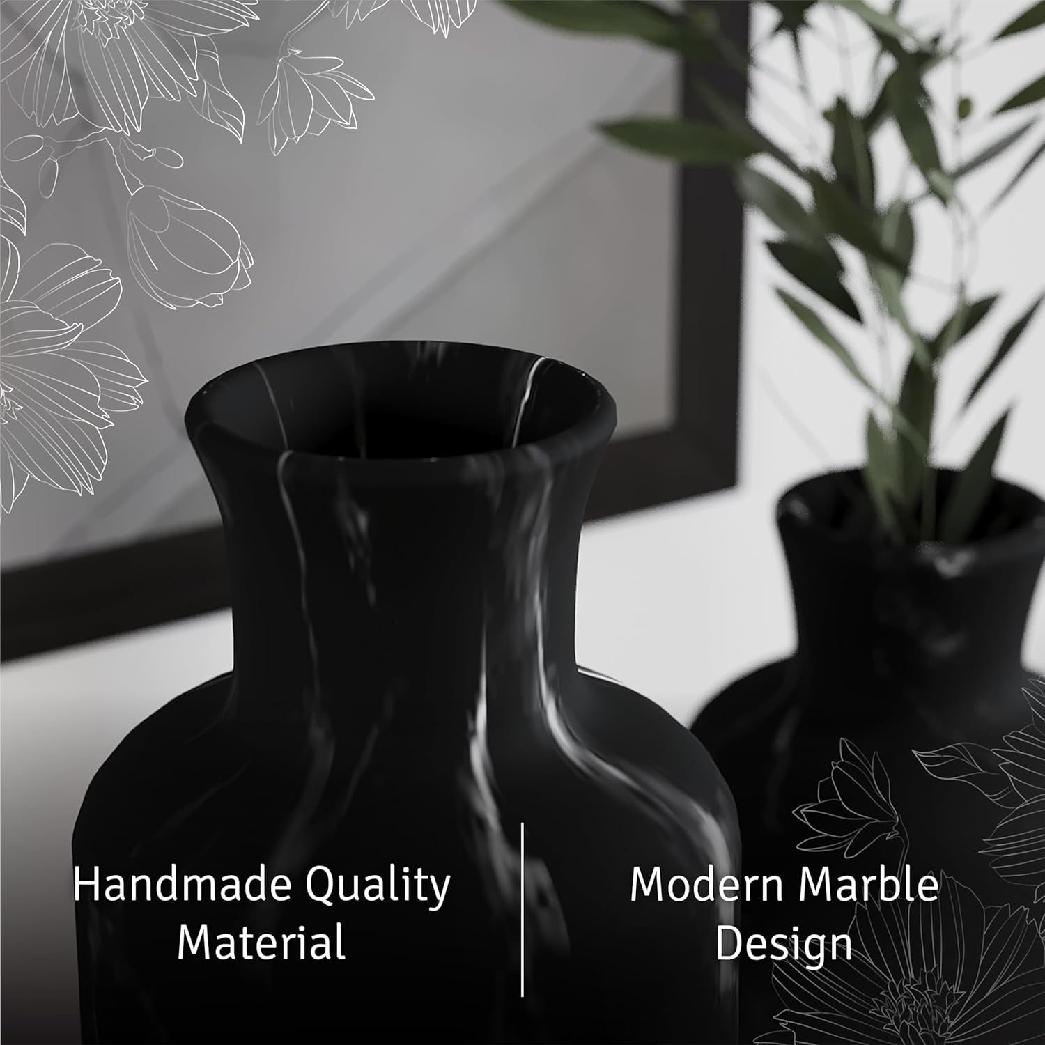 Premium Black Marble Effect Vase Set - Elegant Home Decor for Pampas Grass and Floral Arrangements, Ideal for Kitchen, Bedroom, Office, Living Room, and Shelf Display