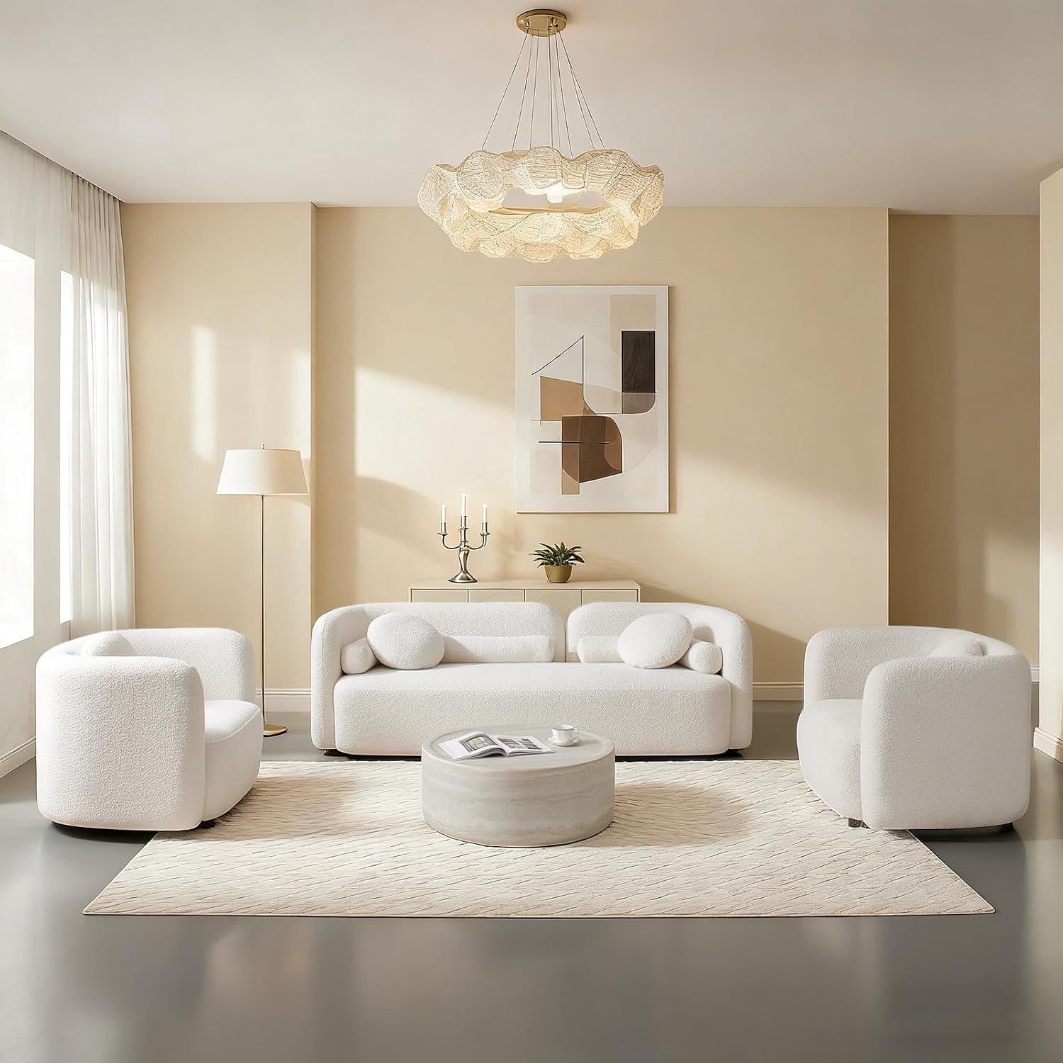 Modern White Curved Back Sofa Set - 3 Seater Couch + 2 Single Chairs with Boucle Fabric and Solid Wood Frame, Includes 6 Pillows