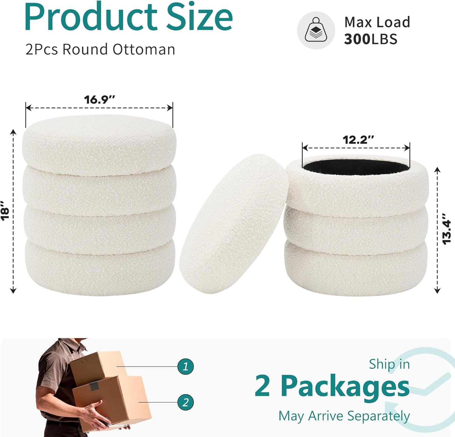 Set of 2 Modern White Round Storage Ottomans – Stylish Upholstered Foot Stools for Living Room, Dorm or Home Decor
