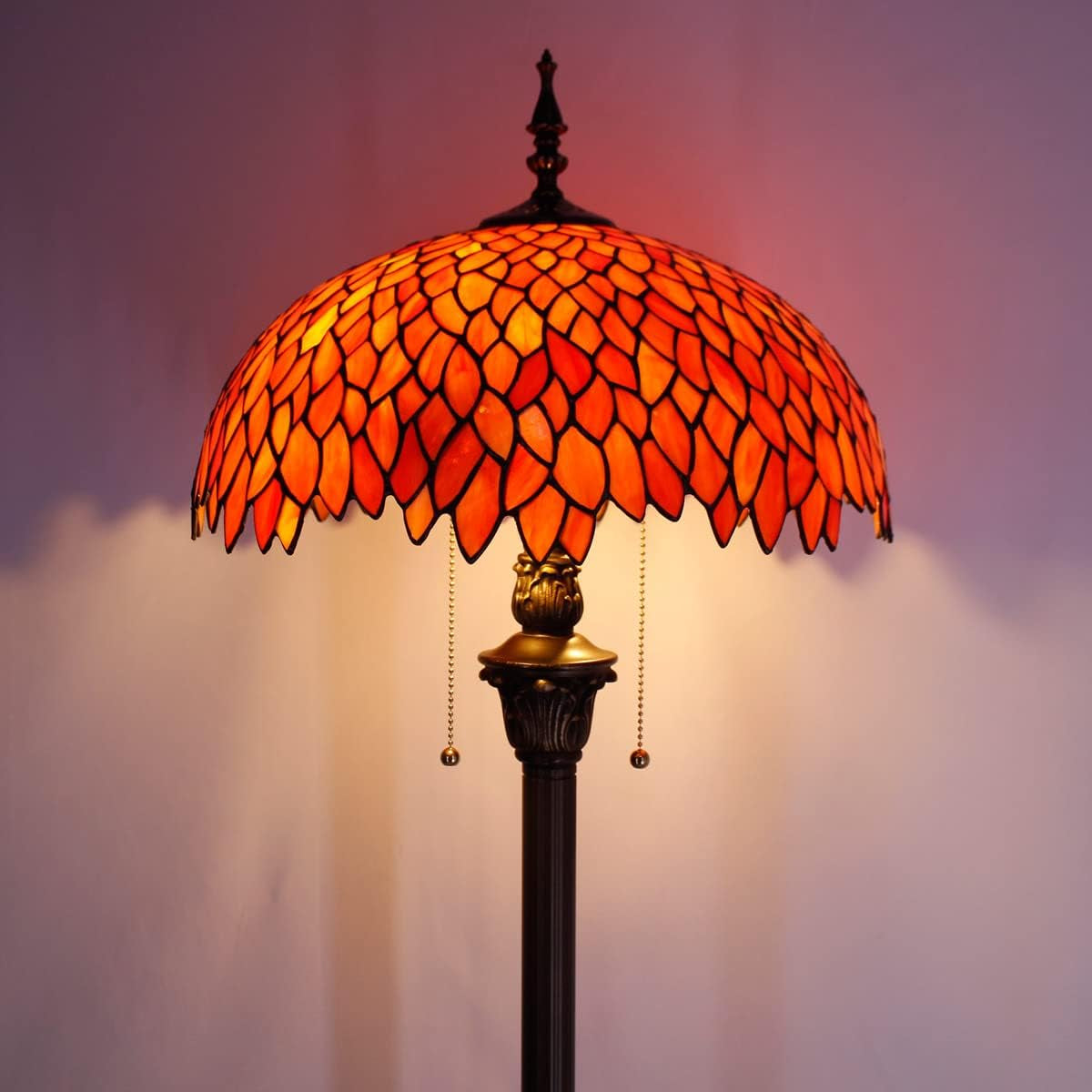 Elegant Tiffany Floor Lamp with Red Orange Wisteria Stained Glass - Antique Style Standing Light for Bedroom, Living Room, and Home Office - 64 Inches Tall