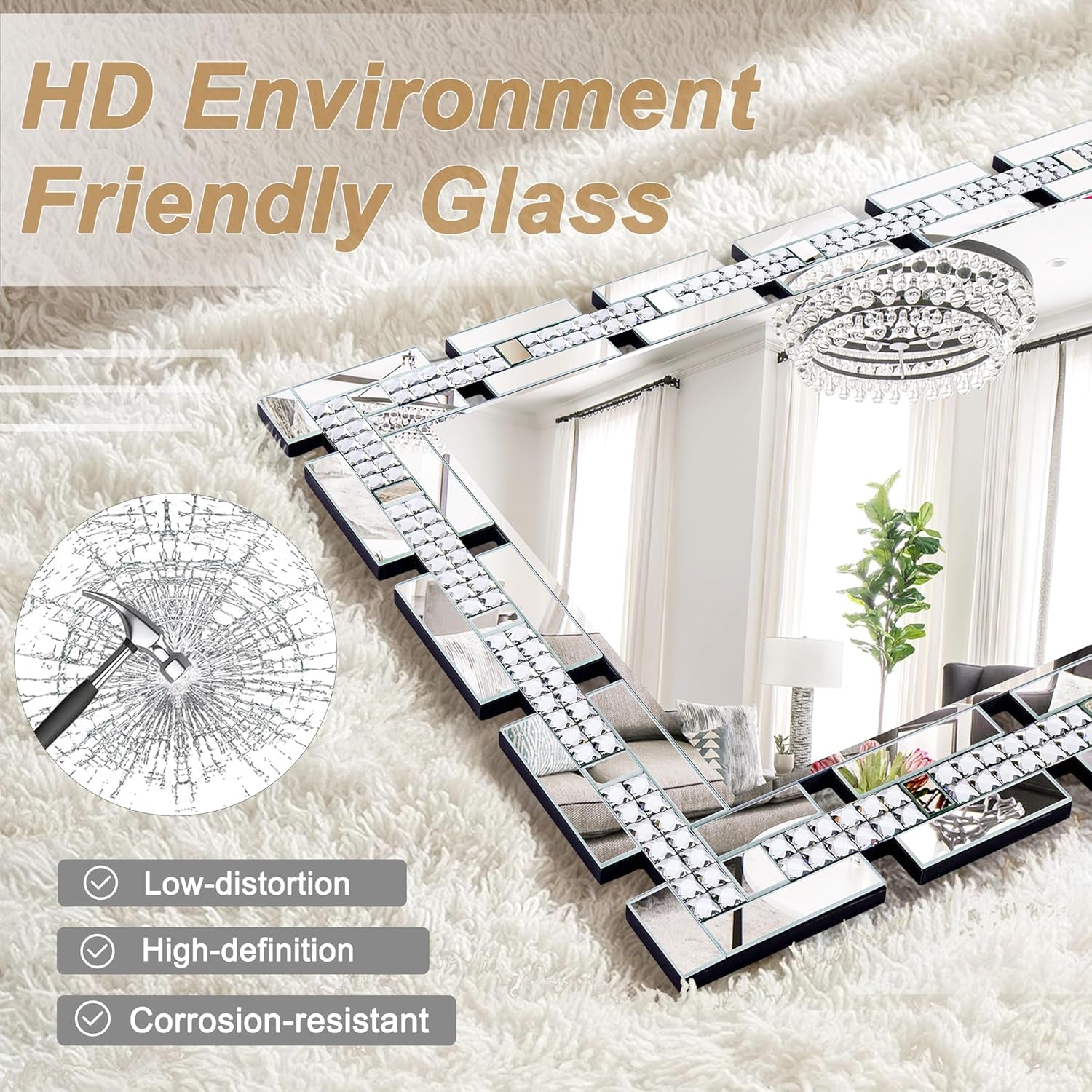 Stunning 32" X 47" Large Beveled Edge Wall Mirror with Crystal Frame - Modern Decorative Accent for Living Room, Home Office, and Entryway