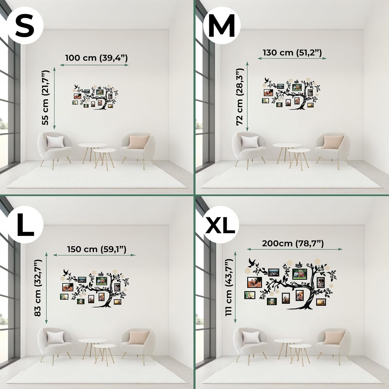Large Family Tree Wall Decal with Frame - Elegant Black Wall Art for Living Room Decor