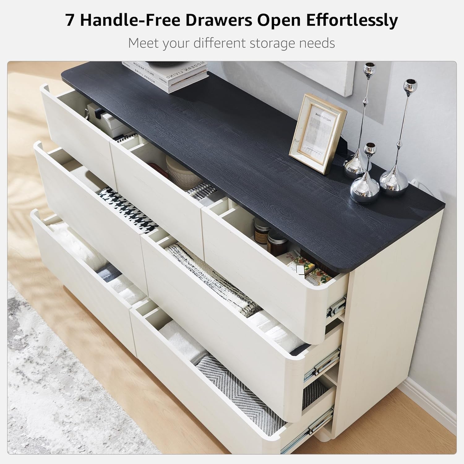 Stylish 7-Drawer Modern Dresser with Push-To-Open Design - 52" Wide Storage Chest for Bedroom or Living Room in Off White