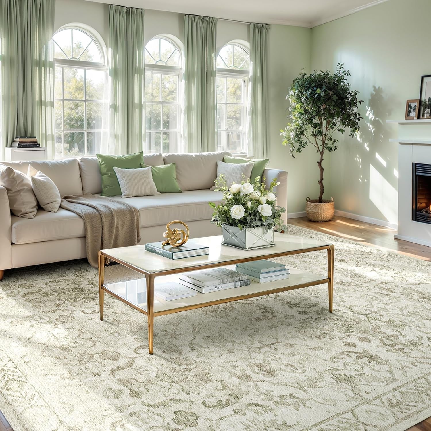 Sage Green Extra Large 10x14 Area Rug - Distressed Floral Print, Washable & Anti-Slip Soft Accent Rug for Living Room, Dining Room, Bedroom, and Farmhouse Decor