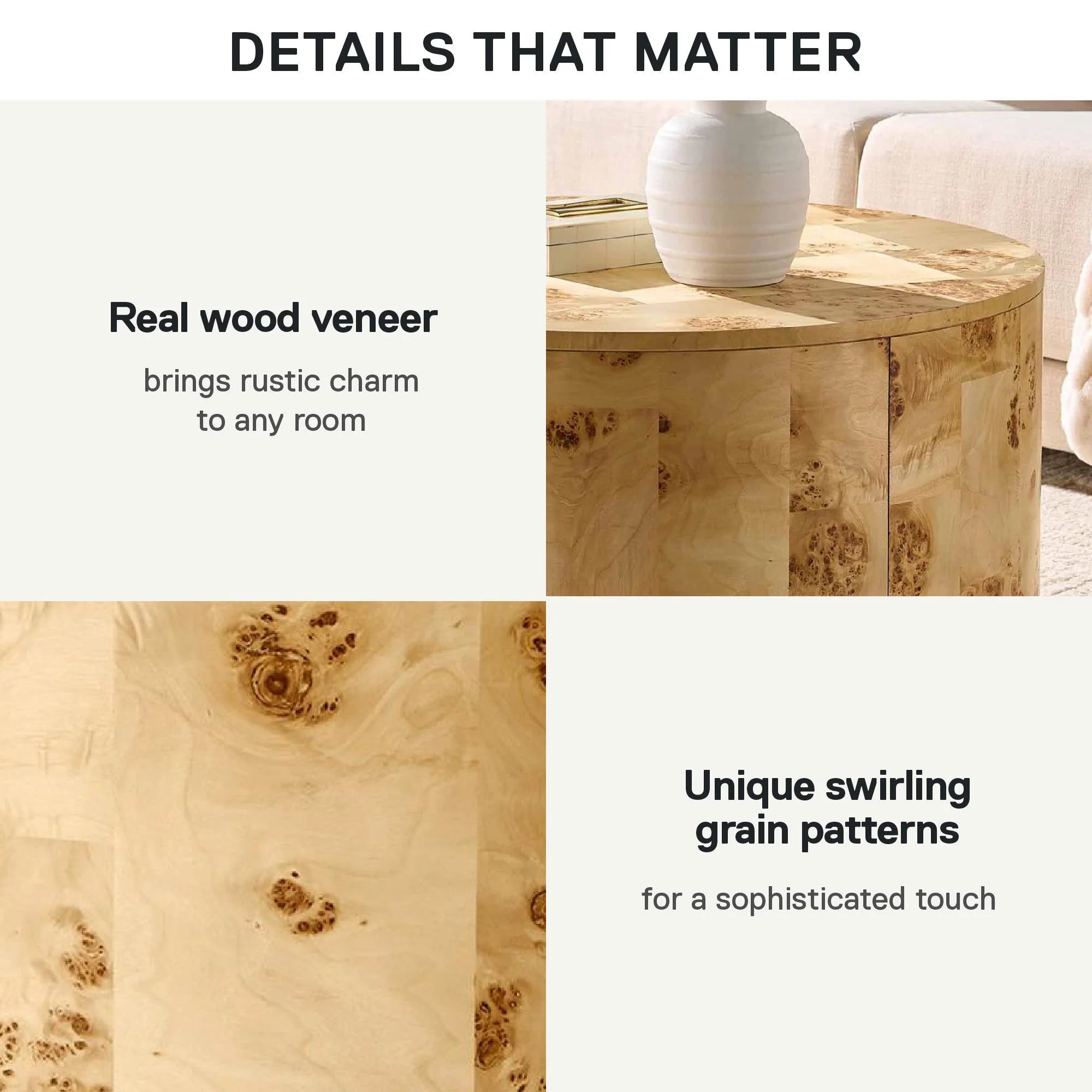 Elegant Burlwood Round Coffee Table with Light Veneer Finish