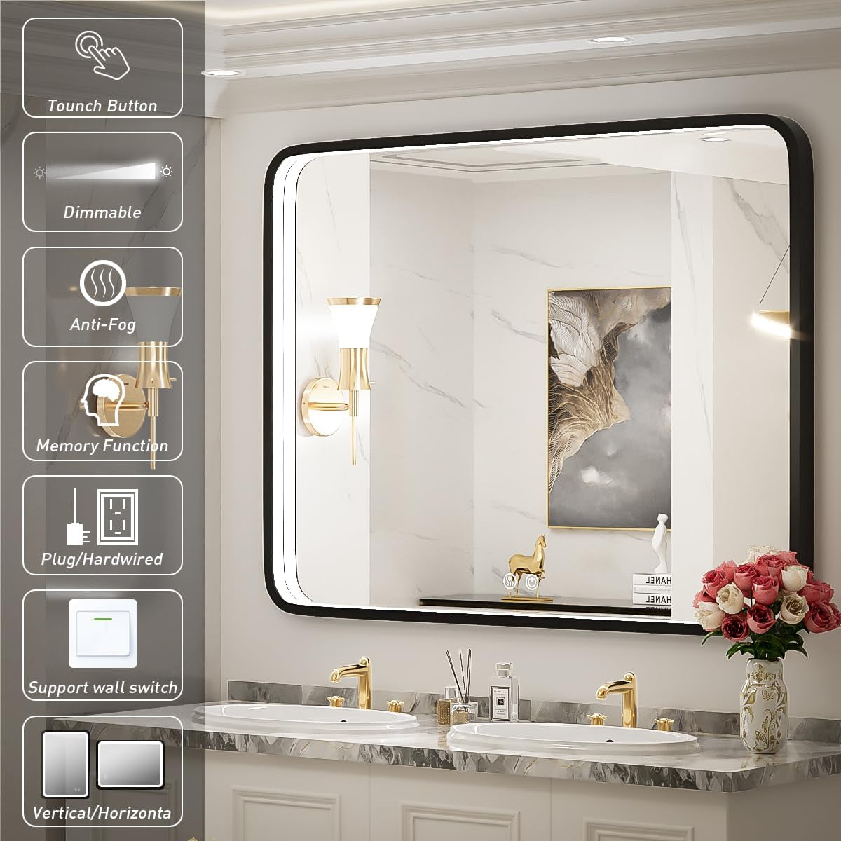 40x30 Inch Black LED Vanity Mirror with Metal Frame, Anti-Fog, Dimmable Touch Control, Wall-Mounted for Horizontal/Vertical Display, Ideal for Bathroom Decor