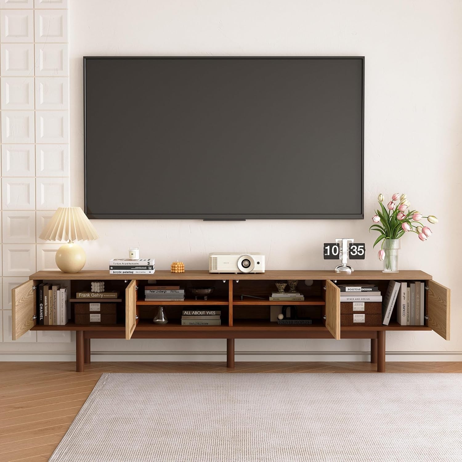 Stunning 88.6" Solid Wood Mid-Century TV Stand - Fully Assembled Entertainment Center with Slatted Doors, Perfect for TVs up to 90" - Stylish Walnut Storage Solution for Living Room & Bedroom