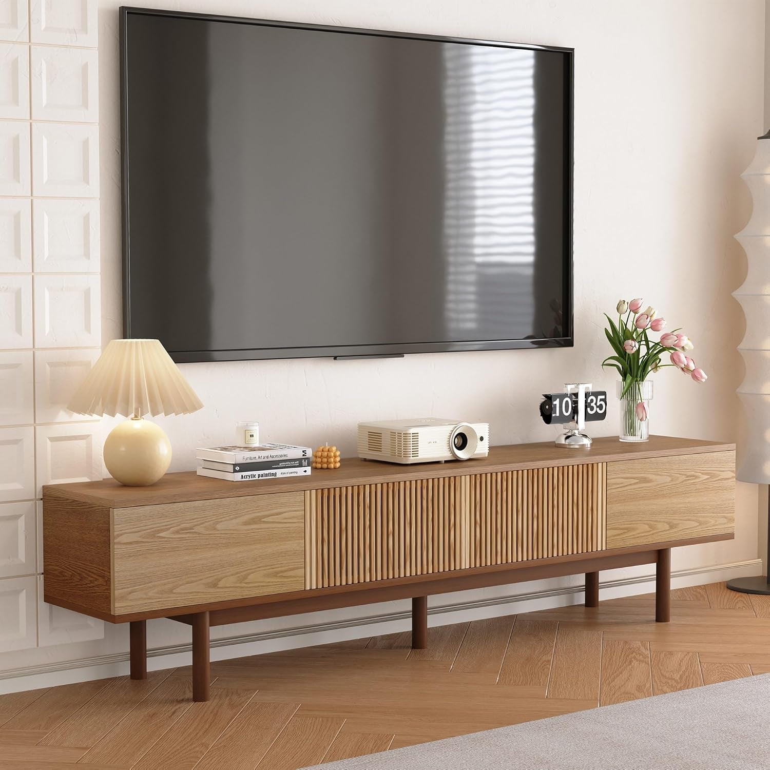Stunning 88.6" Solid Wood Mid-Century TV Stand - Fully Assembled Entertainment Center with Slatted Doors, Perfect for TVs up to 90" - Stylish Walnut Storage Solution for Living Room & Bedroom