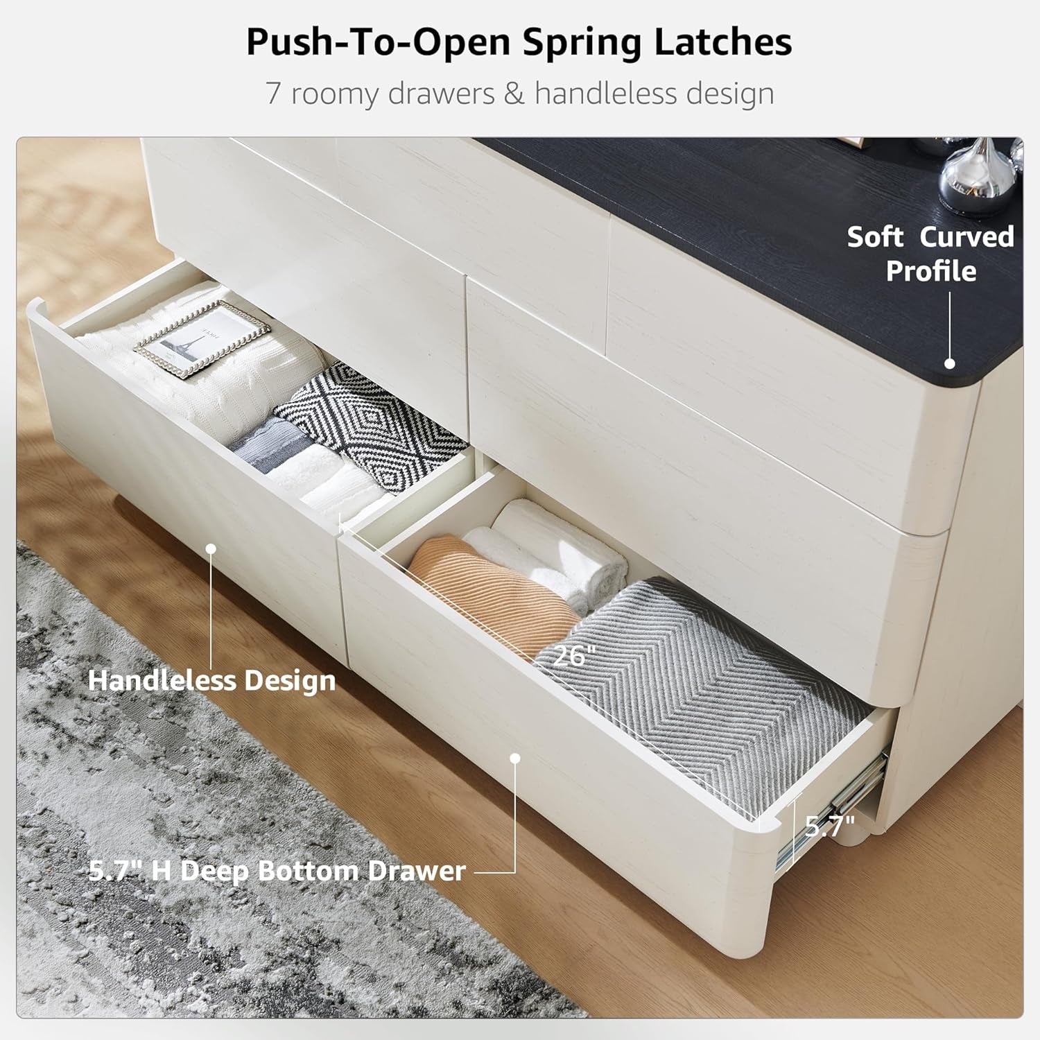 Stylish 7-Drawer Modern Dresser with Push-To-Open Design - 52" Wide Storage Chest for Bedroom or Living Room in Off White
