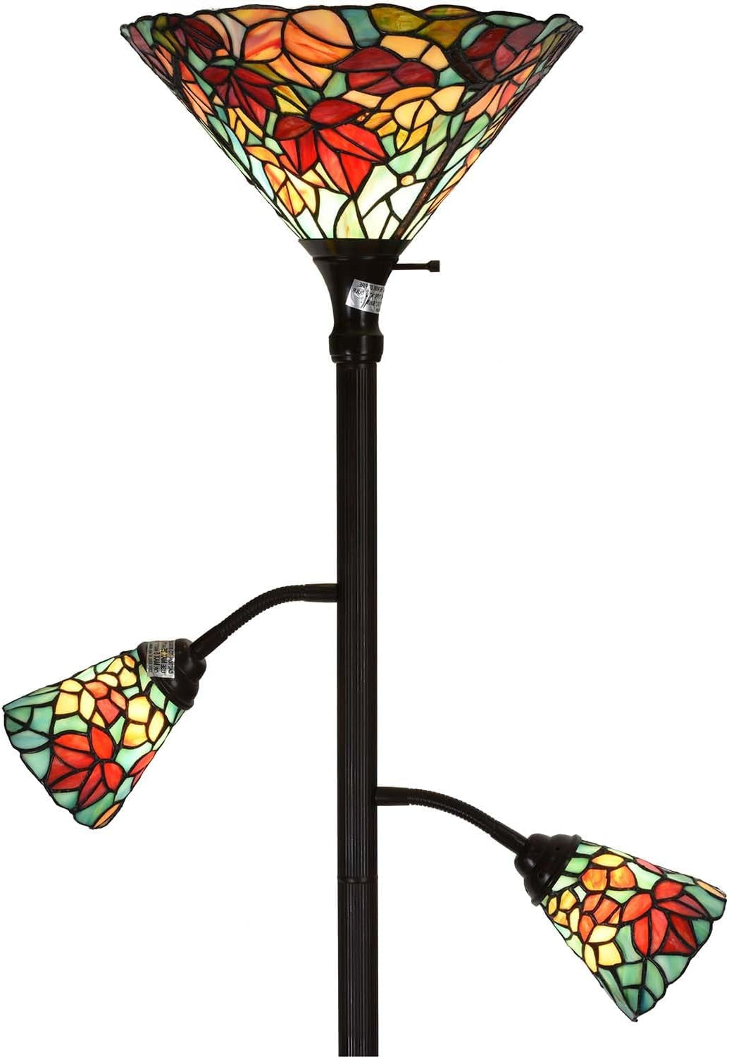 Maple Leaf Tiffany Style Stained Glass Torchiere Floor Lamp - 70-Inch Elegant Home Decor with Sidelights for Reading (Red)